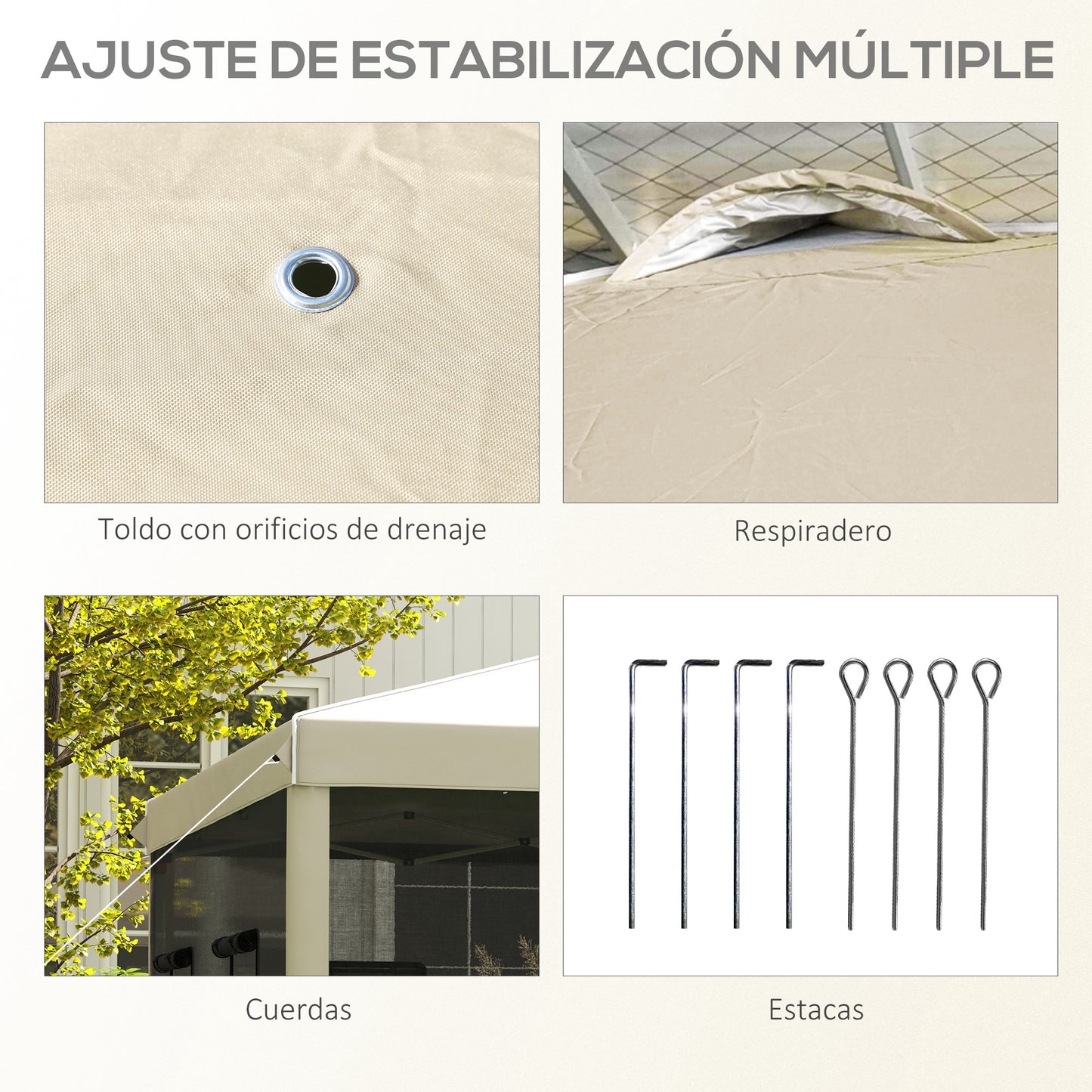 Outsunny Carpa Plegable 3x3 m Cenador de Jardín con Pared Lateral de Malla 6 Ventanas Altura Ajustable en 3 Niveles Protección Rayos UV30+ e Impermeable Gazebo para Exterior Camping Fiestas Beige