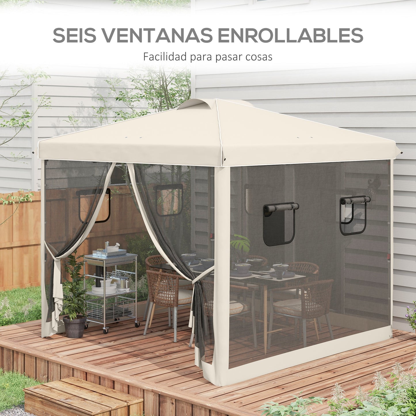 Outsunny Carpa Plegable 3x3 m Cenador de Jardín con Pared Lateral de Malla 6 Ventanas Altura Ajustable en 3 Niveles Protección Rayos UV30+ e Impermeable Gazebo para Exterior Camping Fiestas Beige