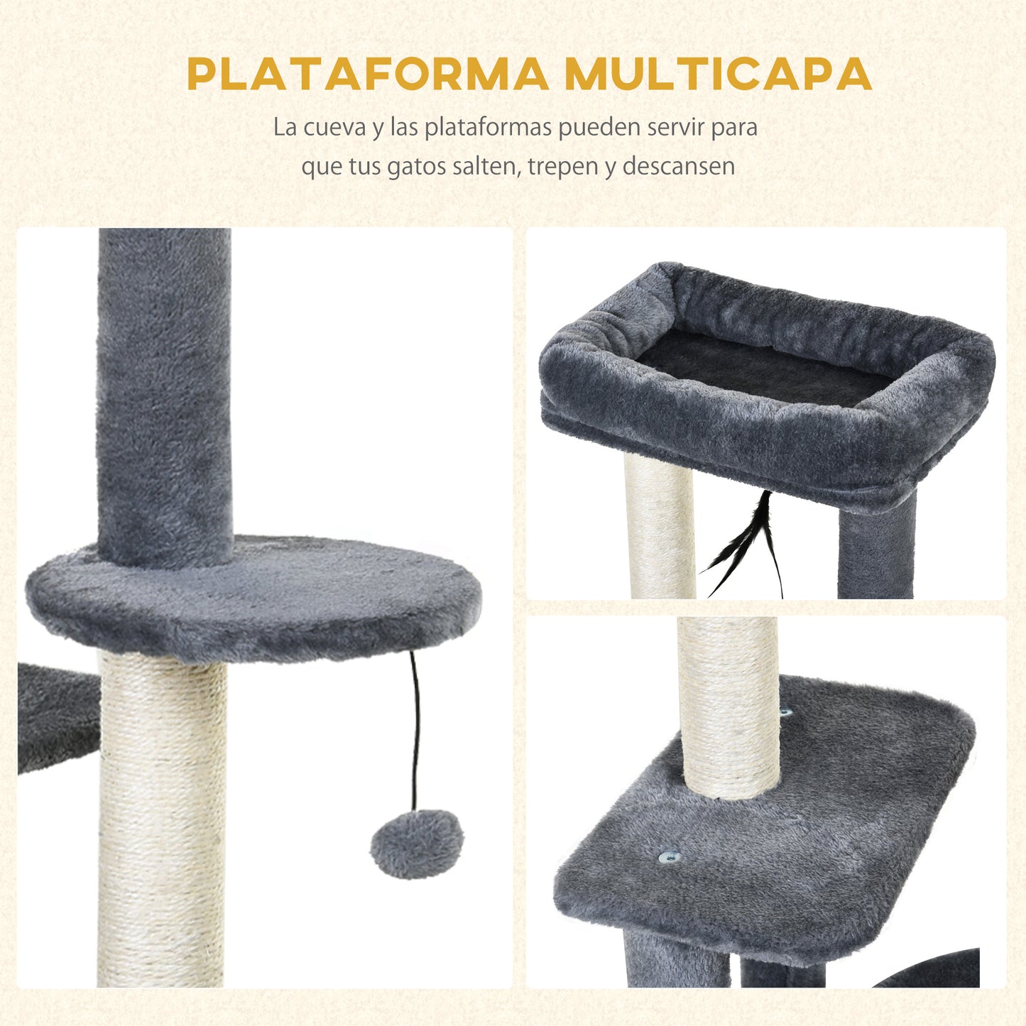 PawHut Árbol para Gatos 100 cm Torre de Gato con Postes para Rascar Cama Cueva Plataformas Bola y Pluma 48x35x100 cm Gris y Beige