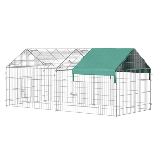 PawHut Jaula Recinto para Animales Pequeños 220x103x103 cm Jaula para Conejos Corral con 2 Puertas y Protección contra Solar para Conejo Gallinas Patos Exterior Jardín Patio Plata y Verde