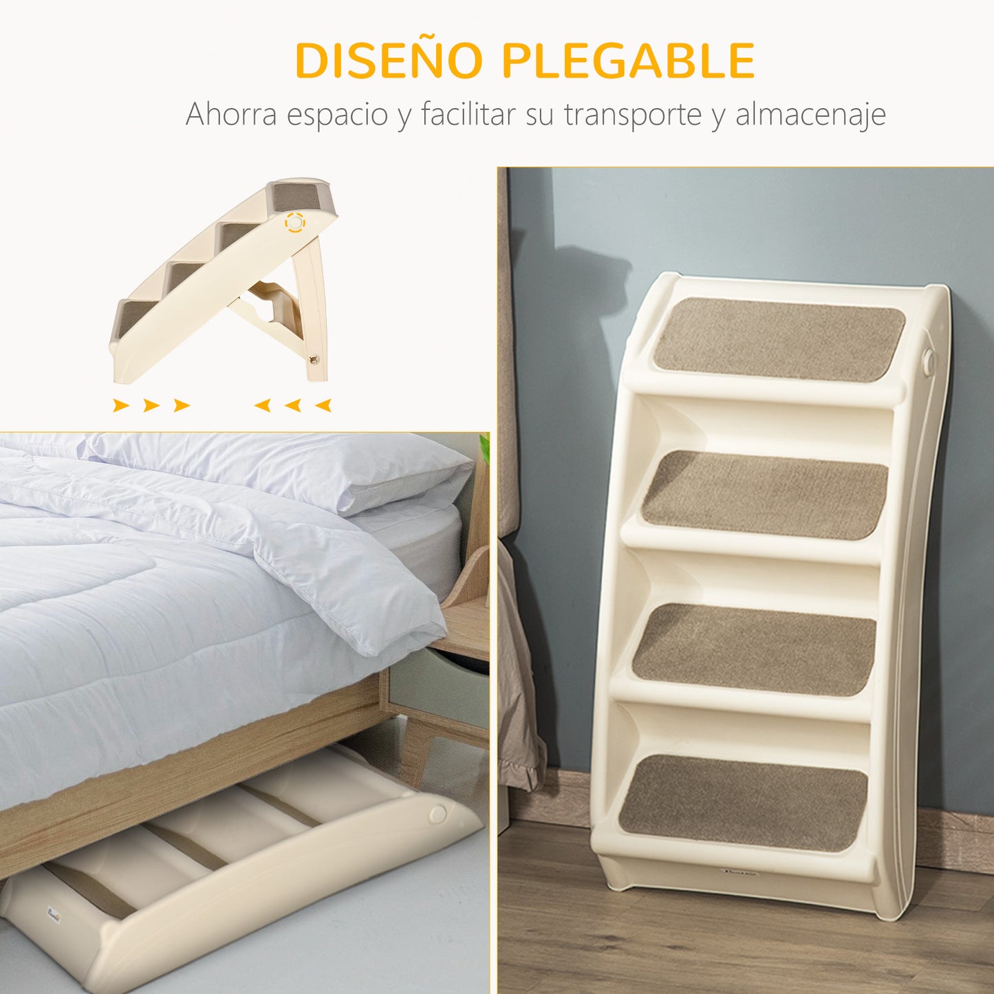 PawHut Escalera Plegable para Mascotas de 4 Peldaños Escalón para Perros Gatos Portátil con Alfombras Antideslizantes para Cama Sofá Carga 20 kg 62x38x49,5 cm Beige