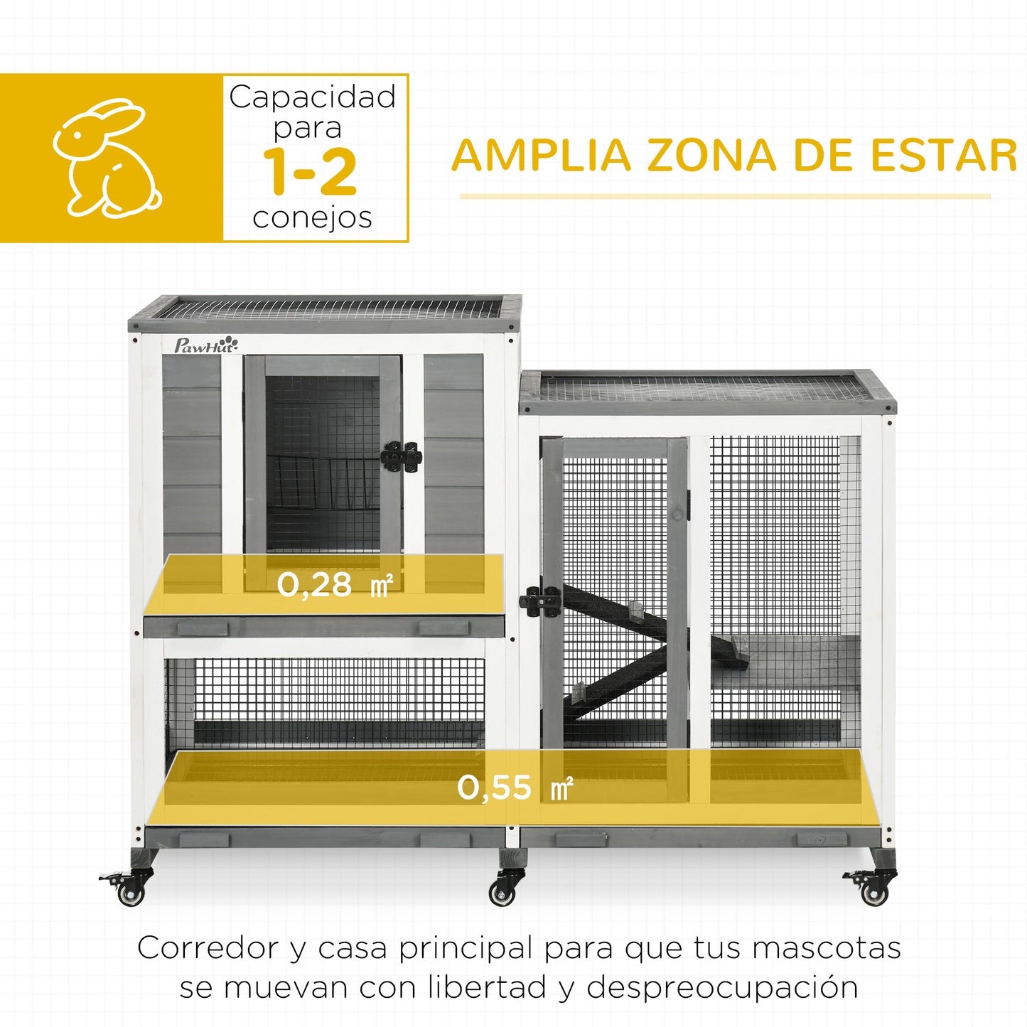 PawHut Conejera de Madera para Interior Jaula para Conejos Mascotas Pequeñas de 2 Niveles con 6 Ruedas 2 Escaleras 3 Bandejas Extraíbles y Zona Abierta 110x50x86 cm Gris