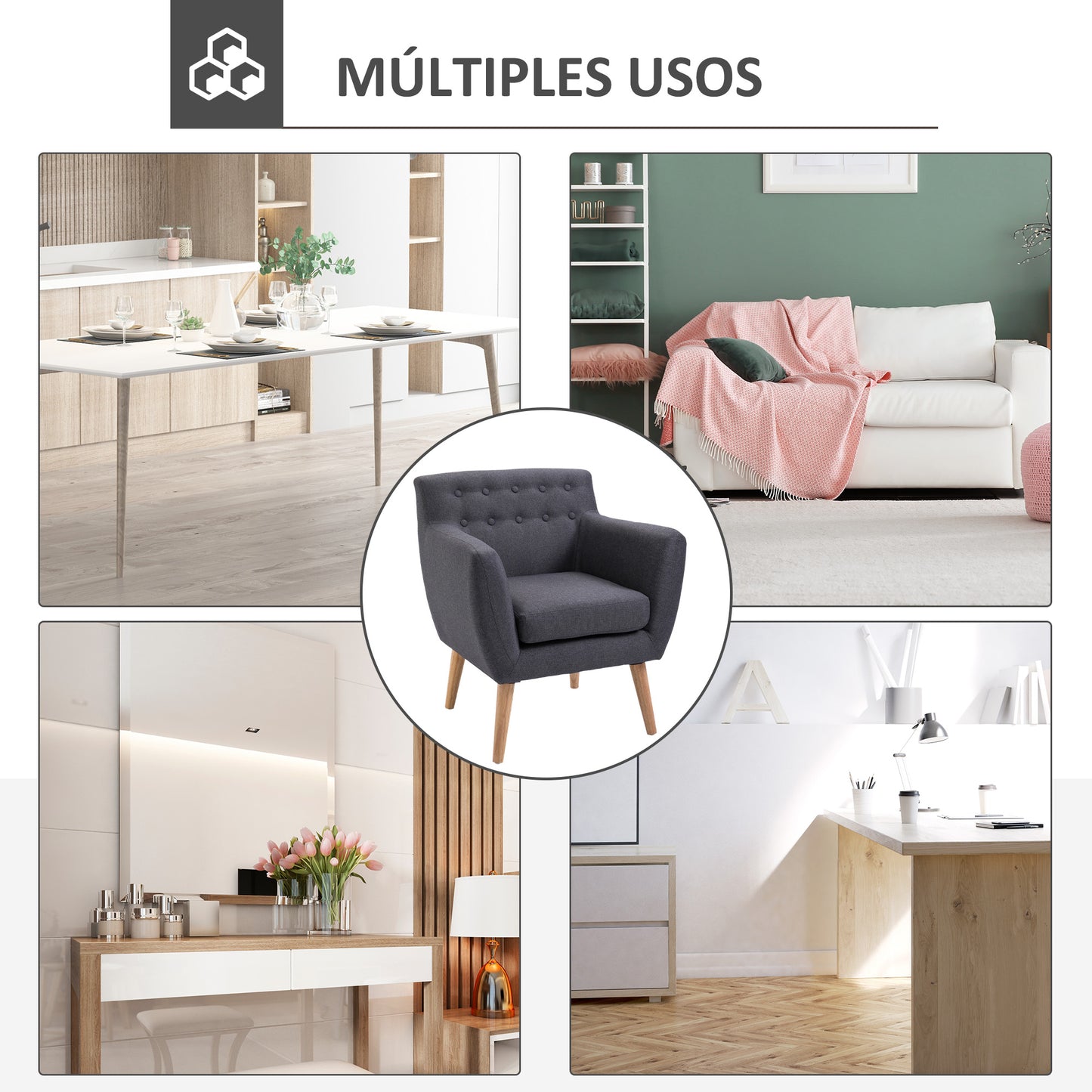 HOMCOM Sillón de Salón Moderno Butaca para Dormitorio con Reposabrazos y Patas de Madera Sofá Individual Carga 125 kg para Oficina Sala de Estar Gris Oscuro