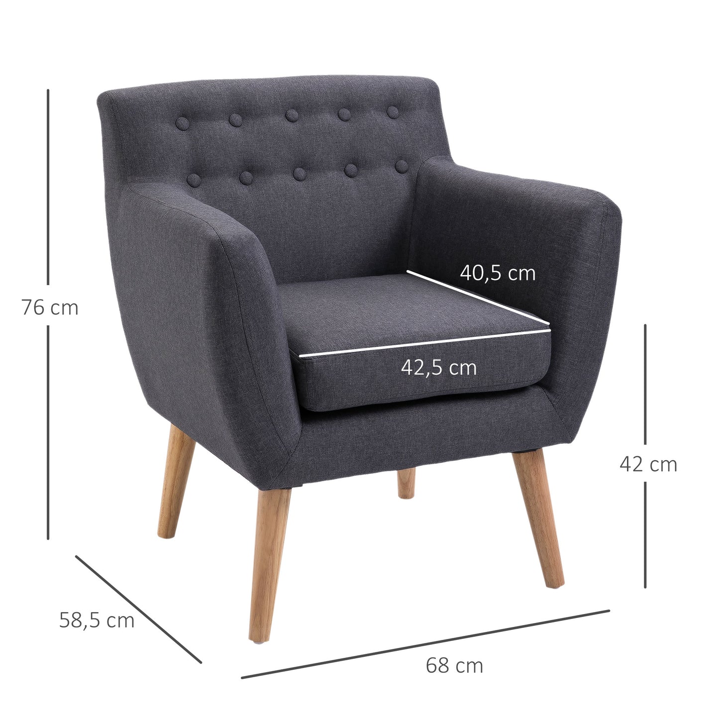 HOMCOM Sillón de Salón Moderno Butaca para Dormitorio con Reposabrazos y Patas de Madera Sofá Individual Carga 125 kg para Oficina Sala de Estar Gris Oscuro