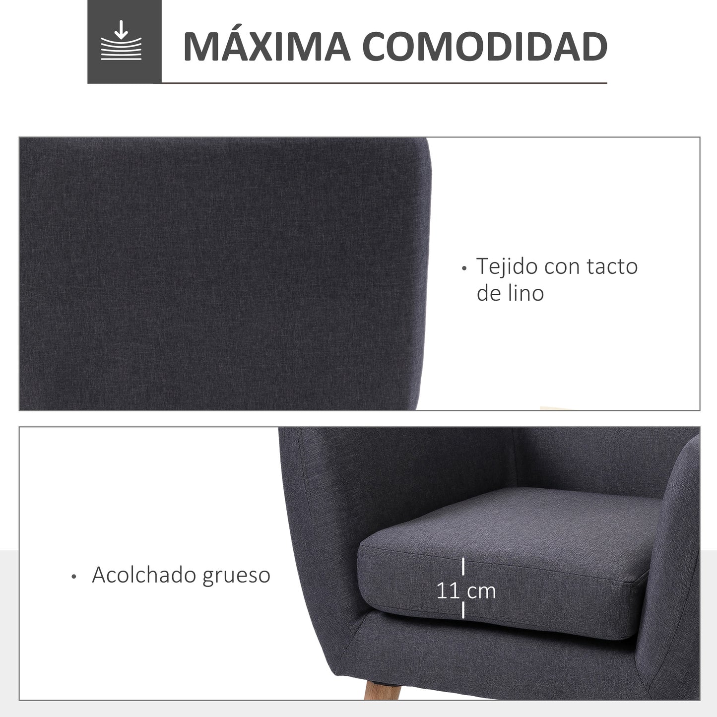 HOMCOM Sillón de Salón Moderno Butaca para Dormitorio con Reposabrazos y Patas de Madera Sofá Individual Carga 125 kg para Oficina Sala de Estar Gris Oscuro