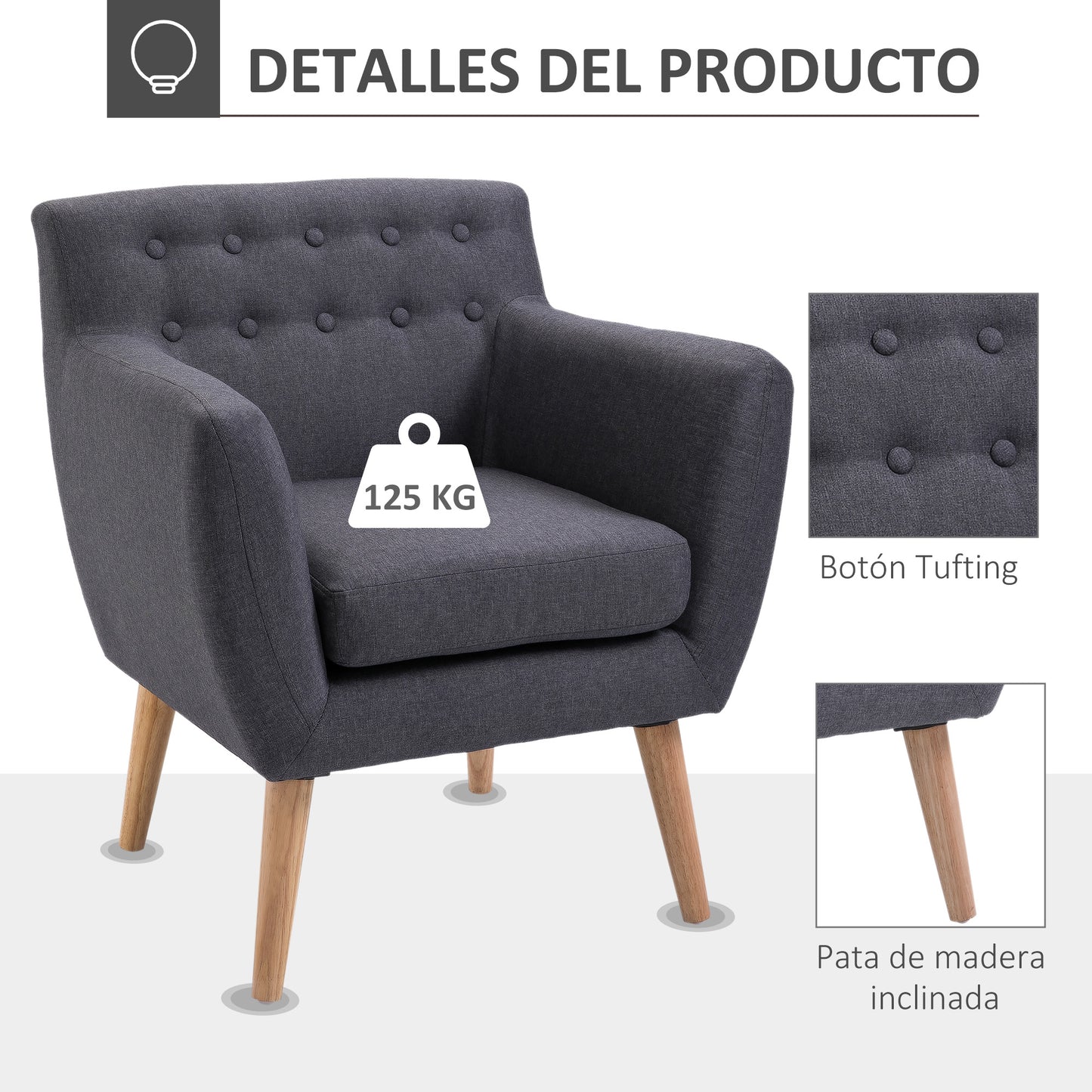 HOMCOM Sillón de Salón Moderno Butaca para Dormitorio con Reposabrazos y Patas de Madera Sofá Individual Carga 125 kg para Oficina Sala de Estar Gris Oscuro