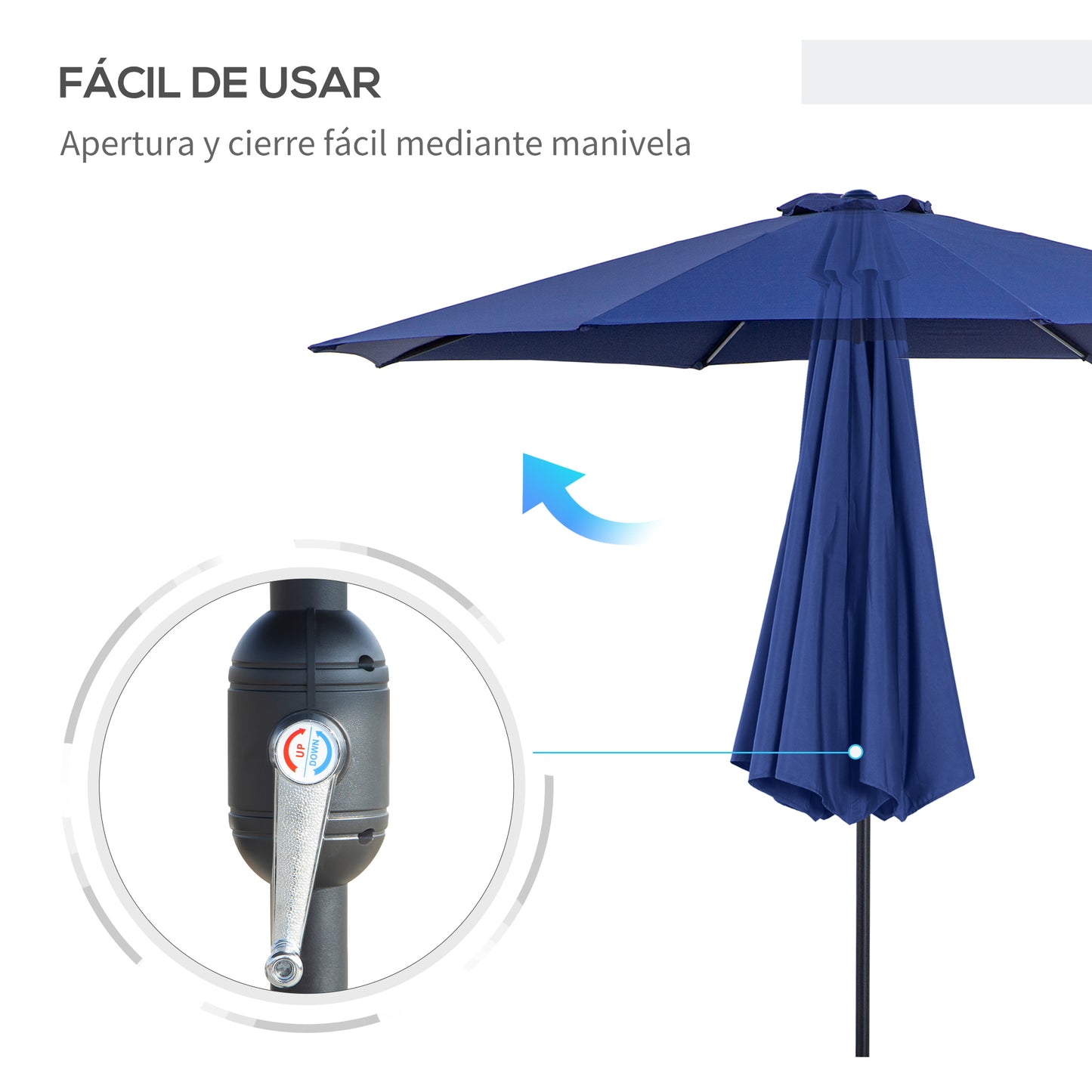 Outsunny Sombrilla de Jardín Ø295x250 cm con Manivela Parasol Exterior con Mecanismo de Inclinación y Poste Desmontable de Metal para Terraza Piscina Patio Azul