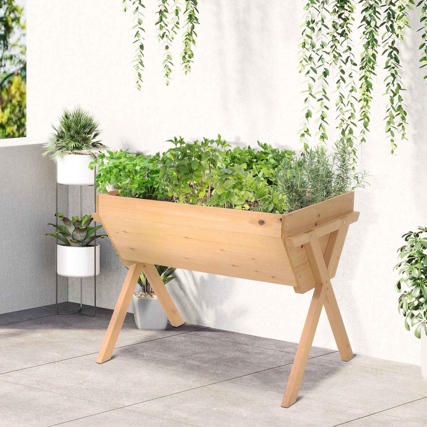 Outsunny Huerto Urbano de Madera 100x70x80 cm Mesa de Cultivo para Plantas Flores Hortalizas con Patas Elevadas 4 Orificios de Drenaje y Tela Geotextil