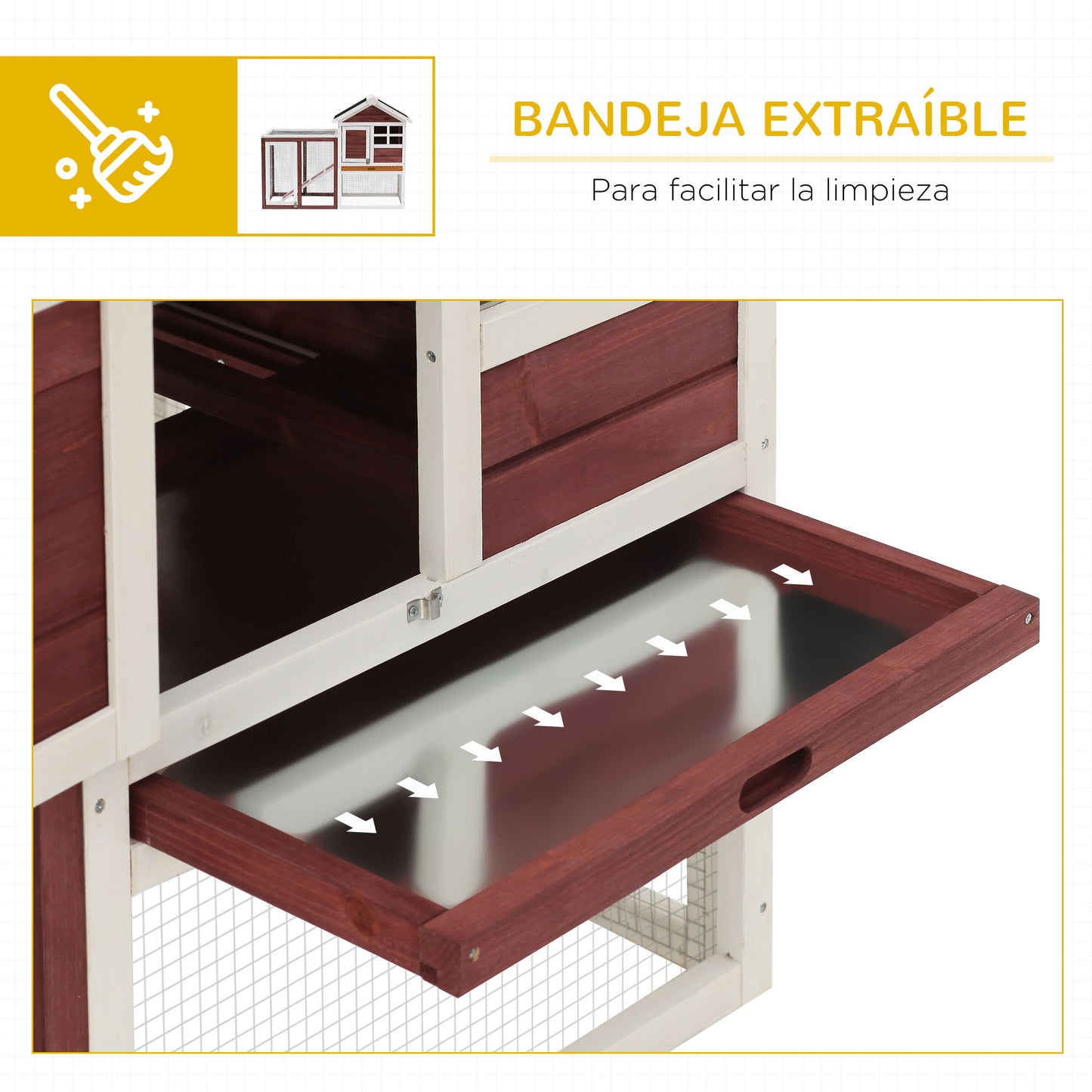 PawHut Conejera de Madera Exterior de 2 Niveles Jaula para Conejos Mascotas Pequeñas con Zona Abierta Techo Asfáltico Bandeja Extraíble y Rampa 122x62,6x92 cm Marrón