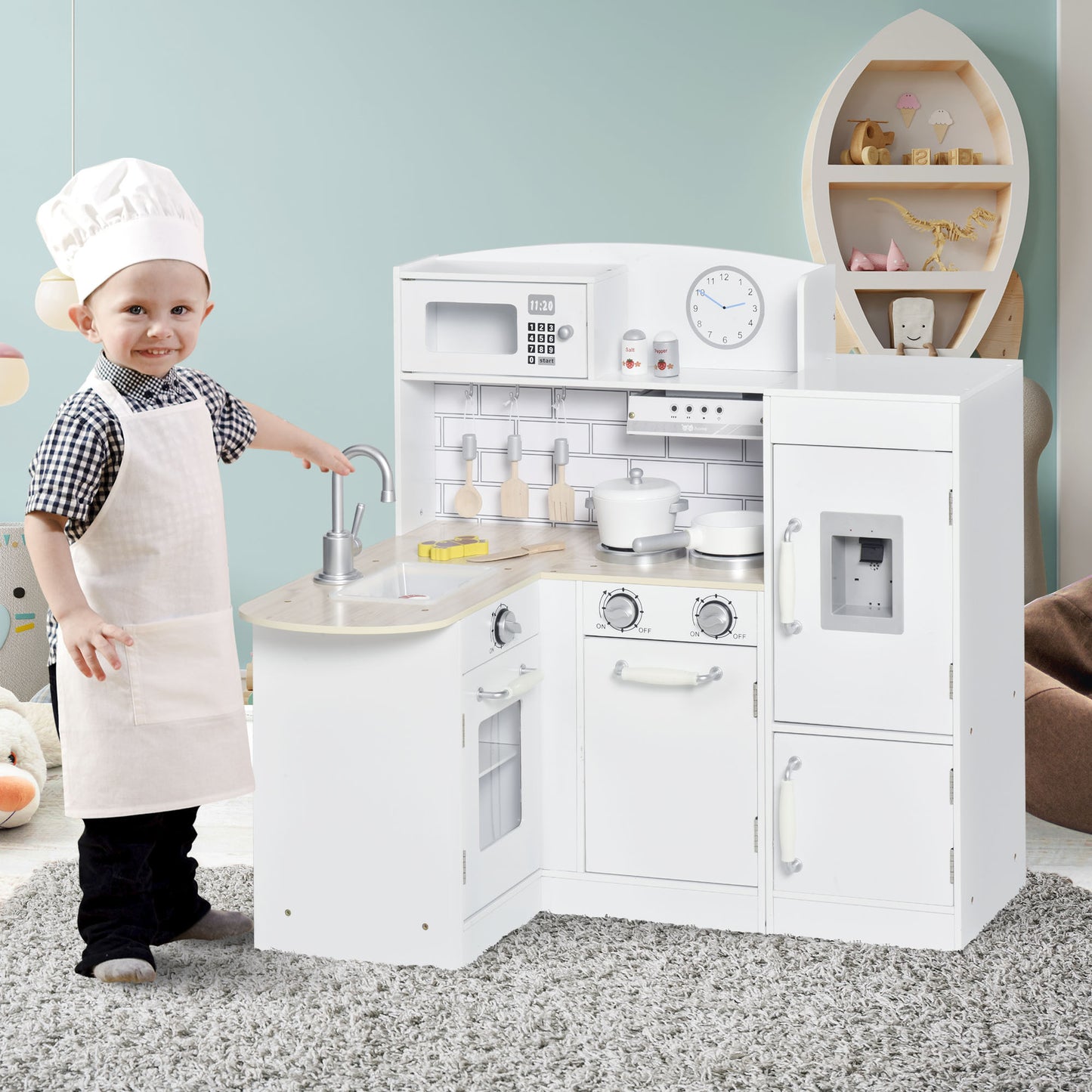 HOMCOM Cocina de Juguete de Madera para Niños de +3 Años con 14 Accesorios Separable Cocinita Infantil con Sonido Nevera Microondas Fregadero Campana 86x64x84,5 cm Blanco