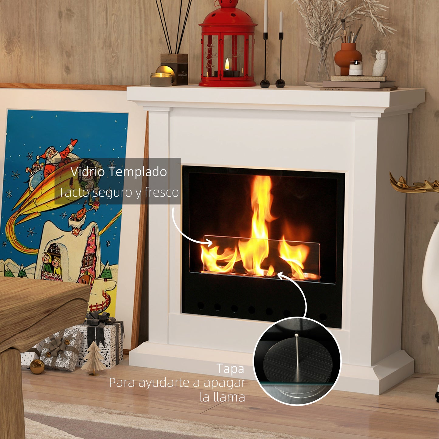 HOMCOM Chimenea de Bioetanol con Marco Estufa de Bioetanol de Pie con Tanque de 1,2 L Apagallamas de Acero Inoxidable Tiempo de Combustión 3H para Interiores 16-18 m² 63,5x24x66 cm Blanco