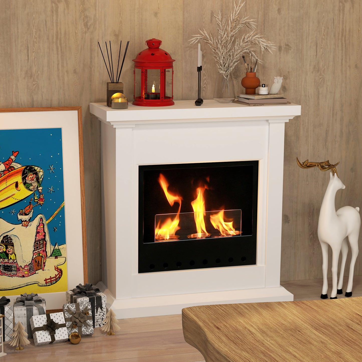 HOMCOM Chimenea de Bioetanol con Marco Estufa de Bioetanol de Pie con Tanque de 1,2 L Apagallamas de Acero Inoxidable Tiempo de Combustión 3H para Interiores 16-18 m² 63,5x24x66 cm Blanco