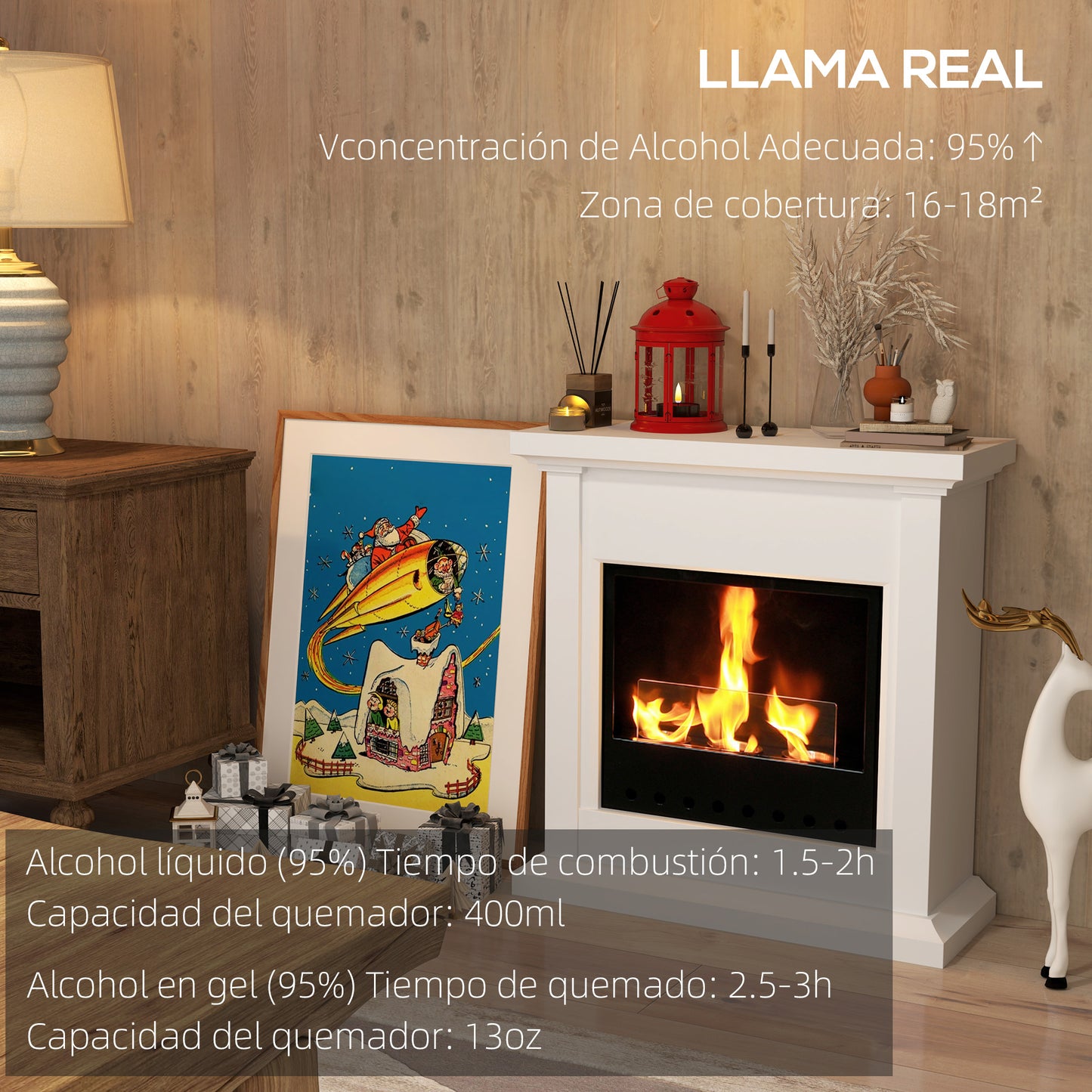 HOMCOM Chimenea de Bioetanol con Marco Estufa de Bioetanol de Pie con Tanque de 1,2 L Apagallamas de Acero Inoxidable Tiempo de Combustión 3H para Interiores 16-18 m² 63,5x24x66 cm Blanco