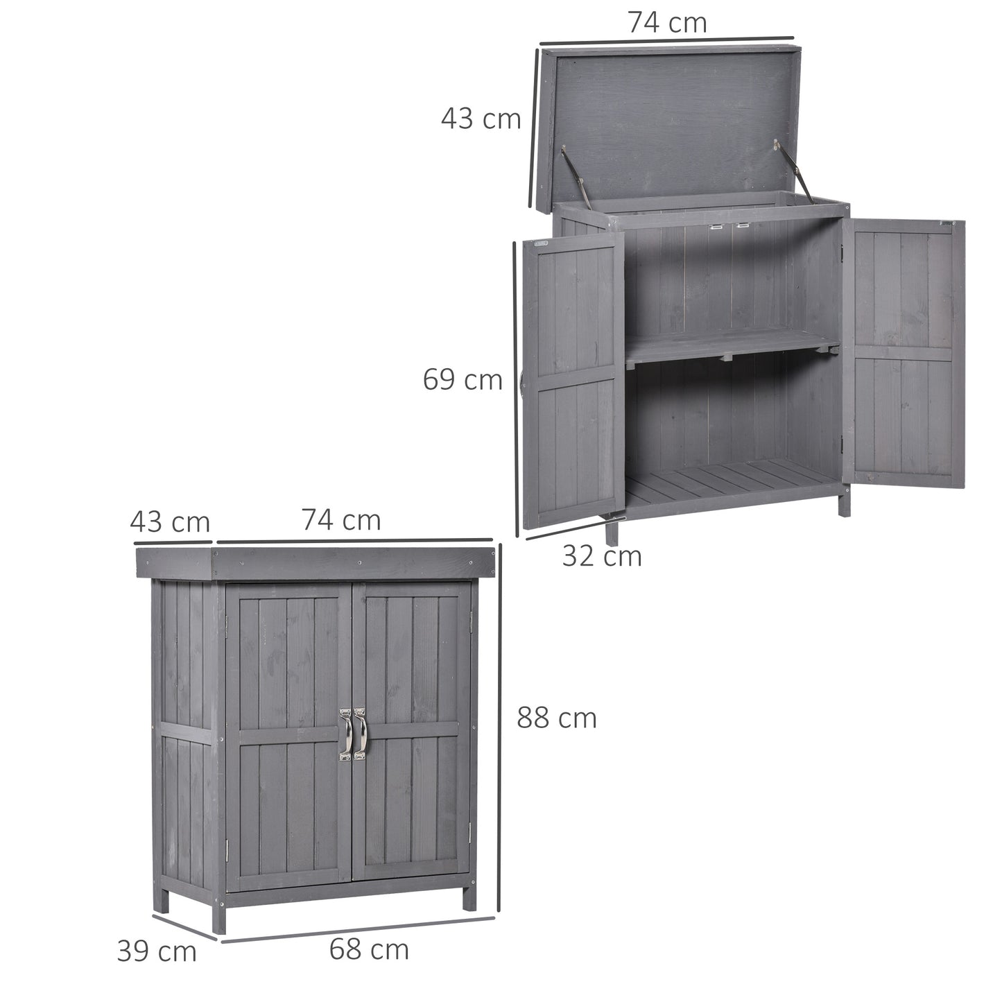 Outsunny Armario de Jardín de Madera 74x43x88 cm Cobertizo Exterior para Almacenamiento de Herramientas Leñas con 2 Puertas y Techo Asfáltico Abatible Gris