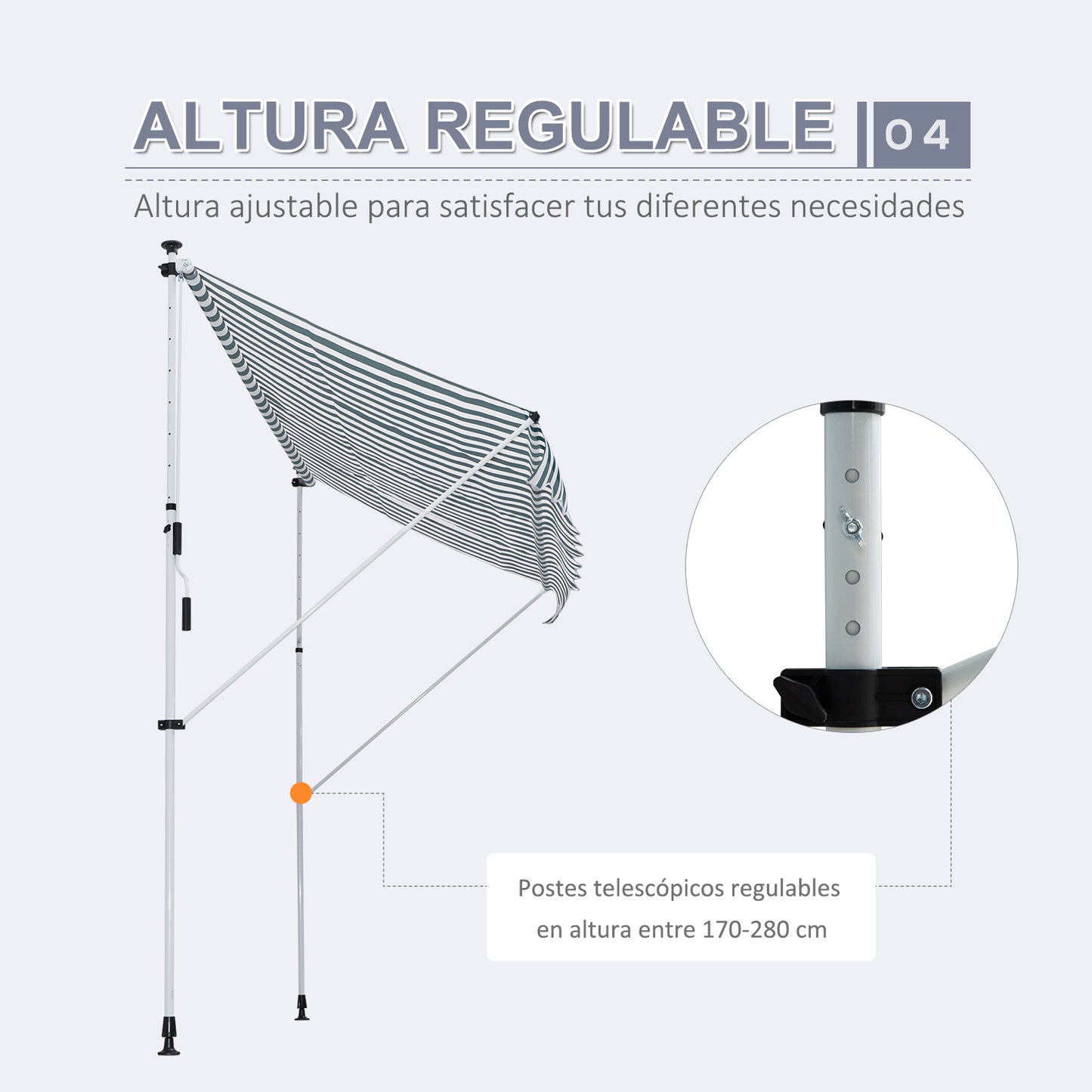 Outsunny Toldo Manual Retráctil Toldo para Balcón con Altura Ajustable Manivela y Protección Solar para Terraza Jardín Verde