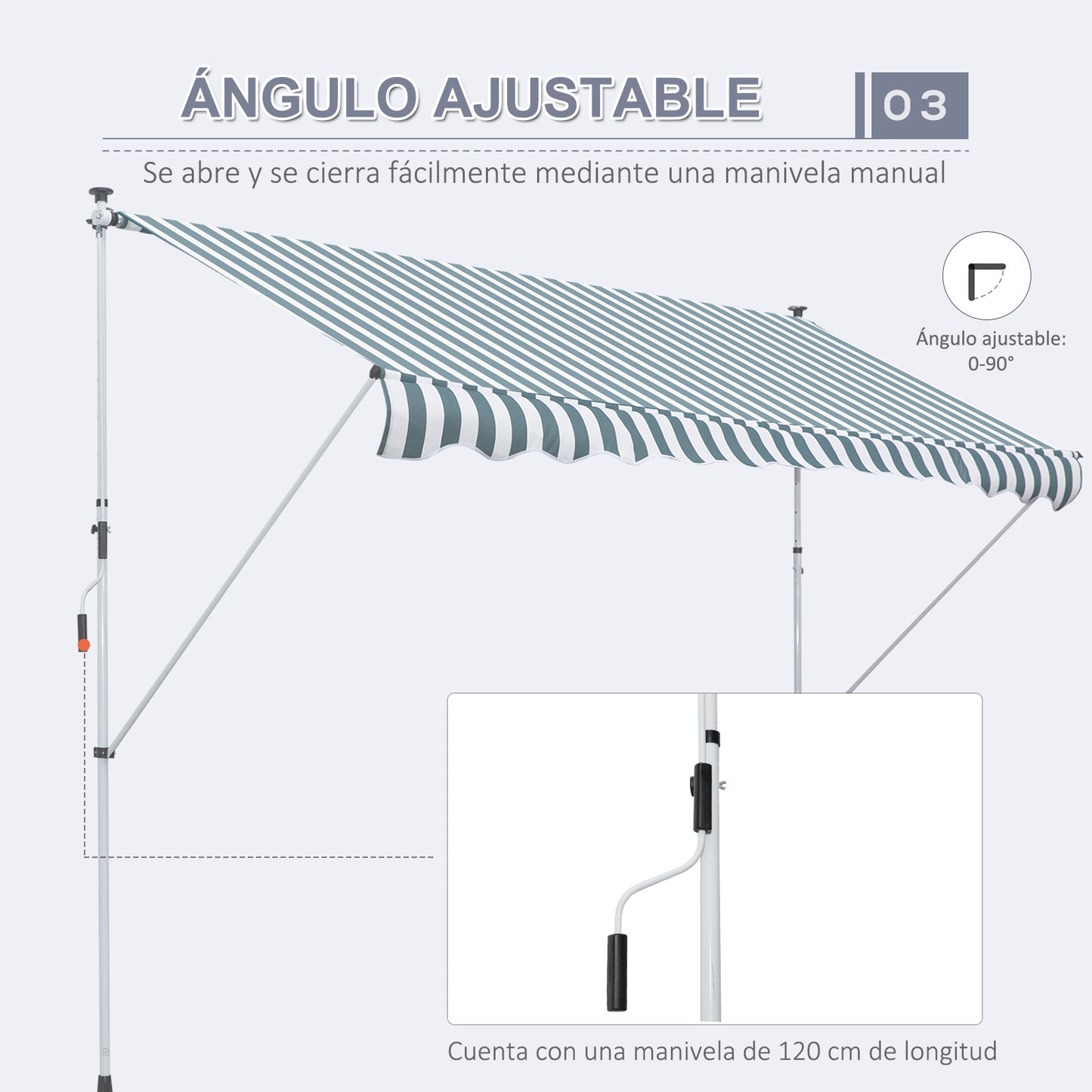 Outsunny Toldo Manual Retráctil Toldo para Balcón con Altura Ajustable Manivela y Protección Solar para Terraza Jardín Verde