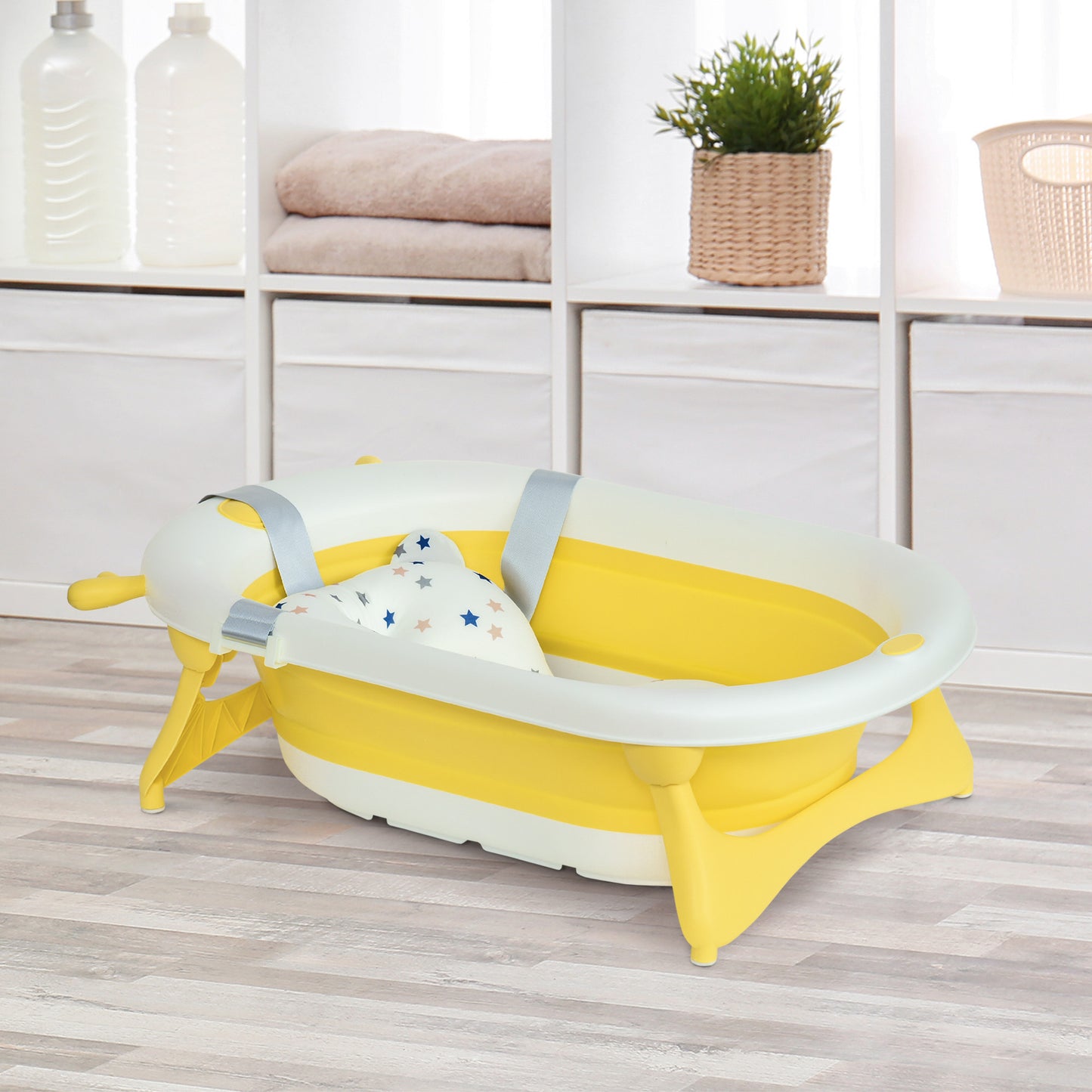 HOMCOM Bañera Plegable para Bebé Recién Nacido hasta 3 Años 81,5x50,5x23,5 cm con Tapón Termosensible Cojín y Almohadillas Antideslizantes Amarillo