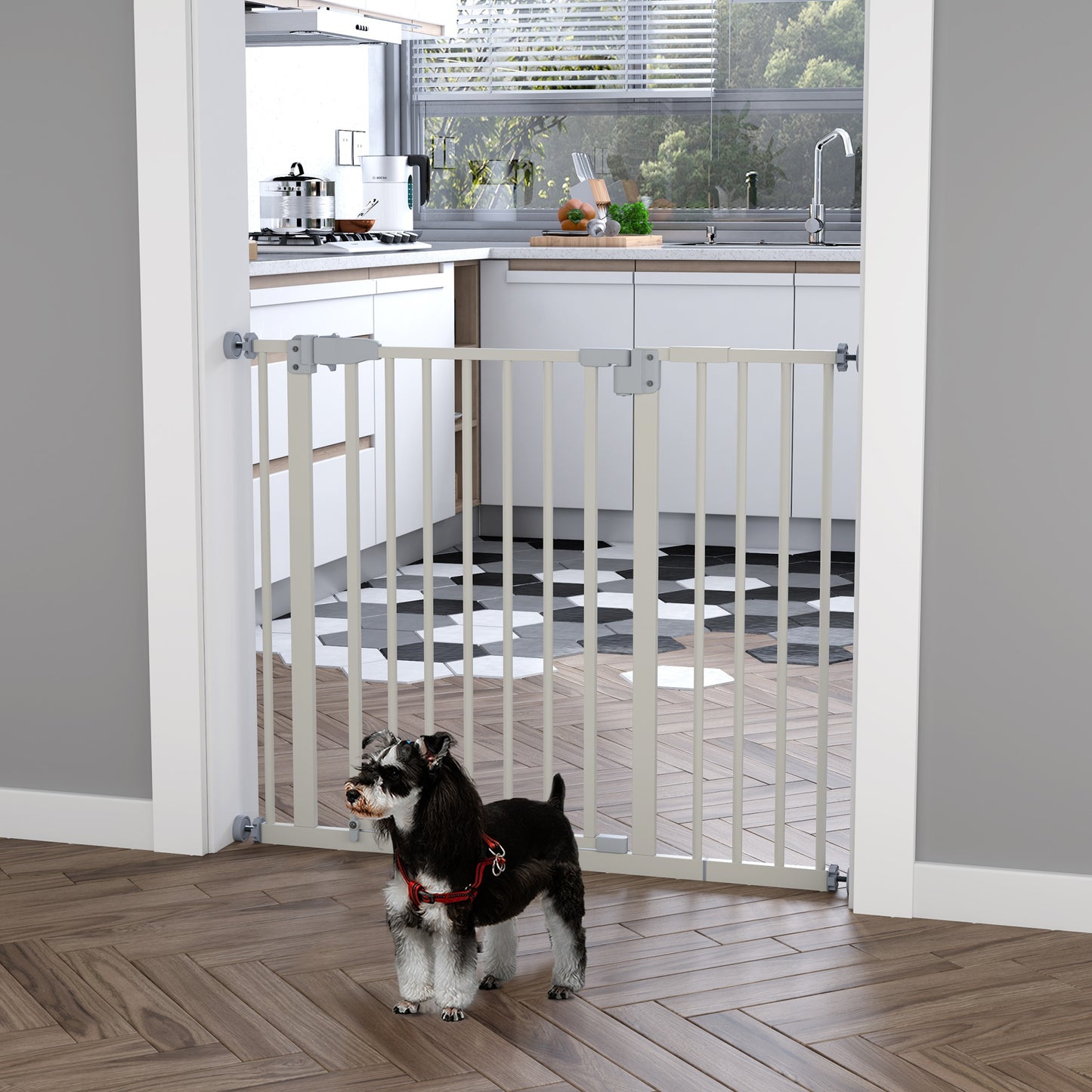 PawHut Barrera de Seguridad Metálica Puerta para Perros con Longitud Ajustable Sistema de Cierre Automático para Escaleras Pasillos 74-97,5x76,2 cm Blanco