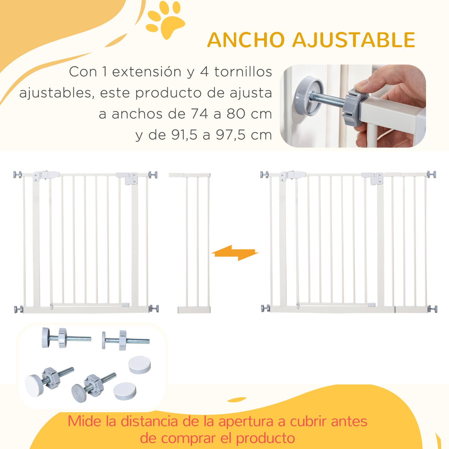 PawHut Barrera de Seguridad Metálica Puerta para Perros con Longitud Ajustable Sistema de Cierre Automático para Escaleras Pasillos 74-97,5x76,2 cm Blanco