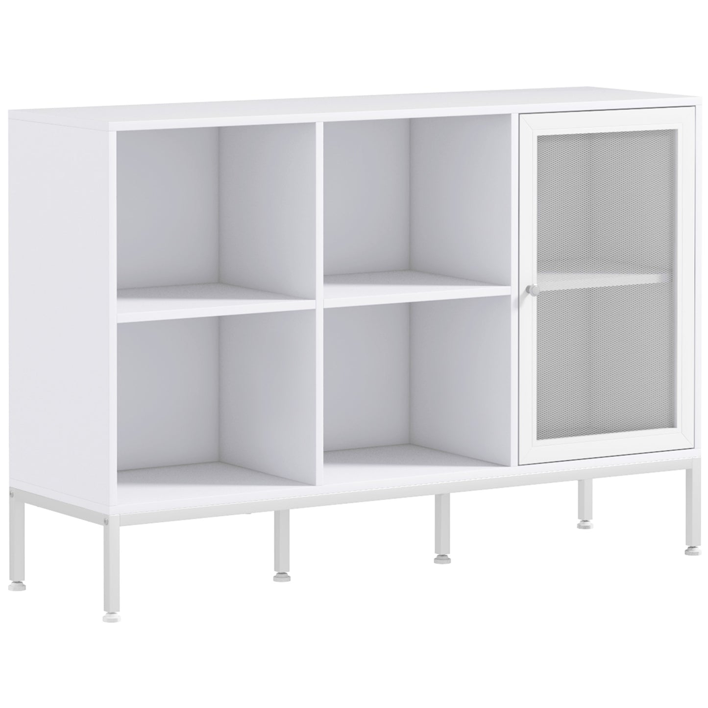 HOMCOM Aparador de Cocina Aparador Blanco con Puerta de Malla 4 Compartimentos Abiertos y Estante Ajustable Bueffet para Salón Comedor 120x37x81,5 cm