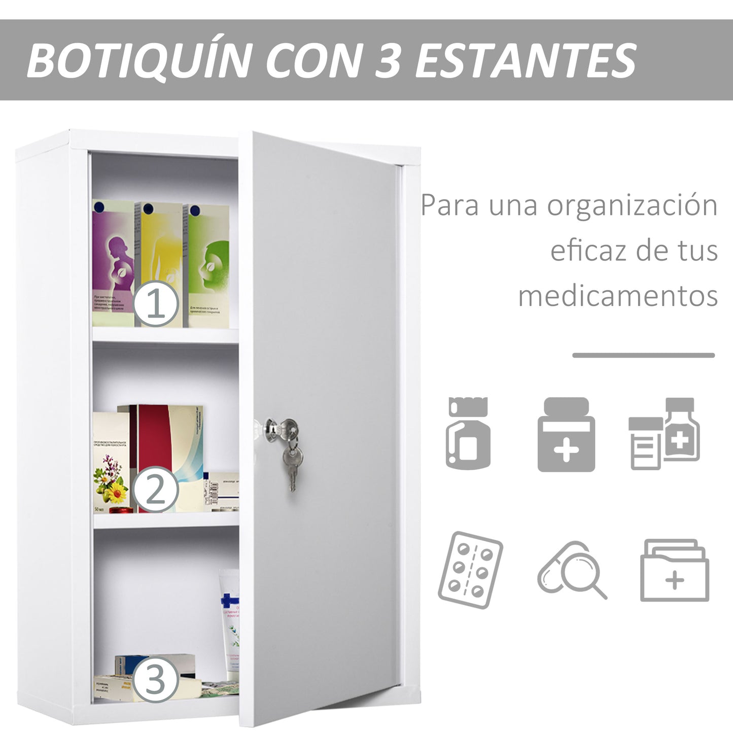 kleankin Armario Botiquín de Pared Botiquín de Emergencia de Metal con 3 Estantes de Almacenaje y Cerradura con 2 Llaves para Baño Cocina 40x18x60 cm Blanco