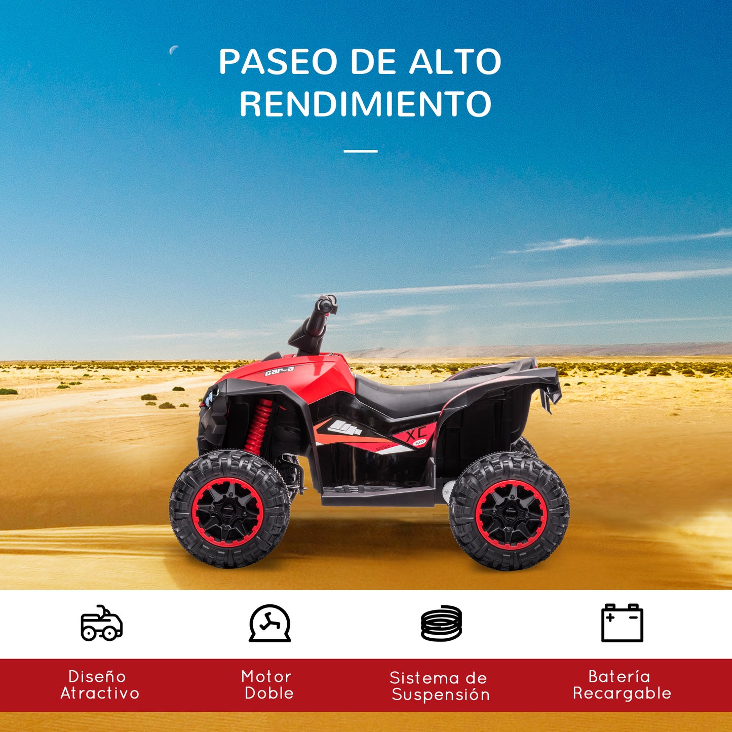 HOMCOM Quad Eléctrico para Niños de 3-5 Años Vehículo Eléctrico a Batería 12V con 2 Motores Faros Bocina Música Velocidad Ajustable Avance y Retroceso 83x53x55,5 cm Rojo