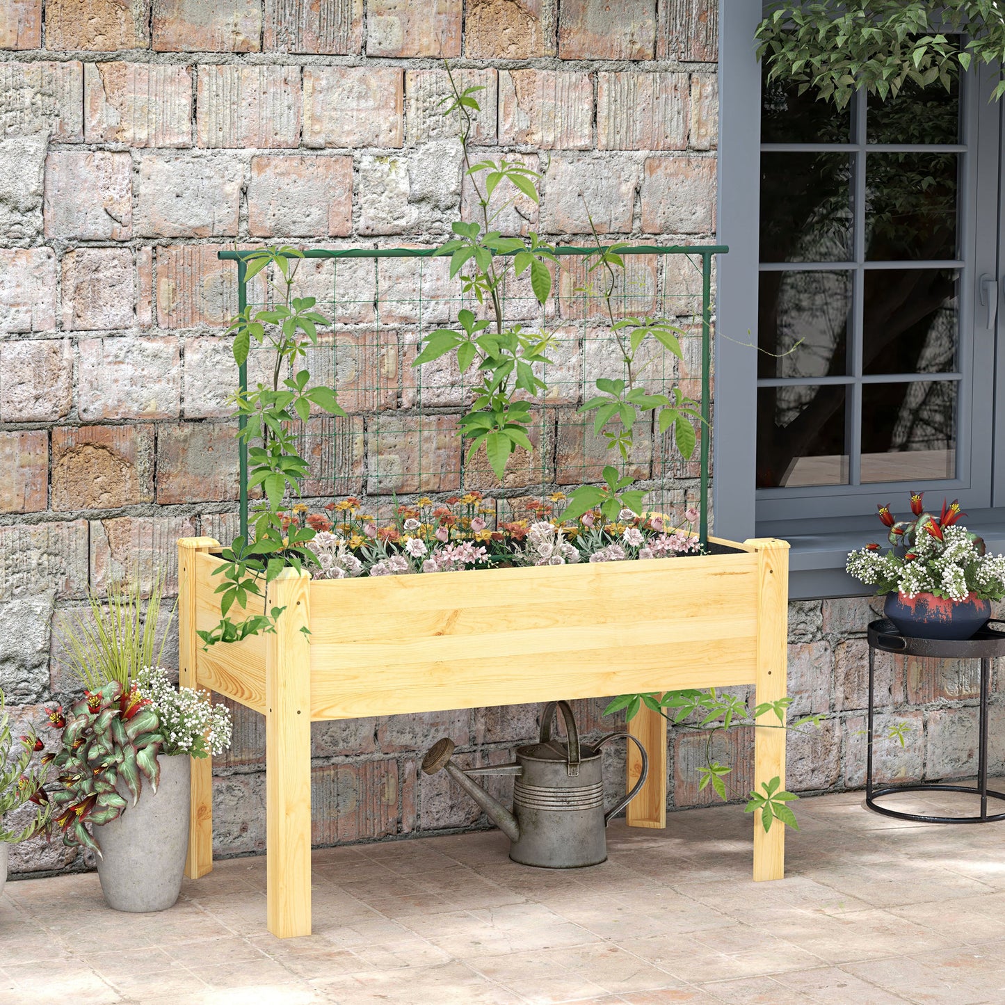 Outsunny Huerto Urbano Elevado con Enrejado Mesa de Cultivo Jardinera Elevada para Trepar Enredaderas de Verduras Plantas Flores Carga 300 kg 120x60x75 cm Natural