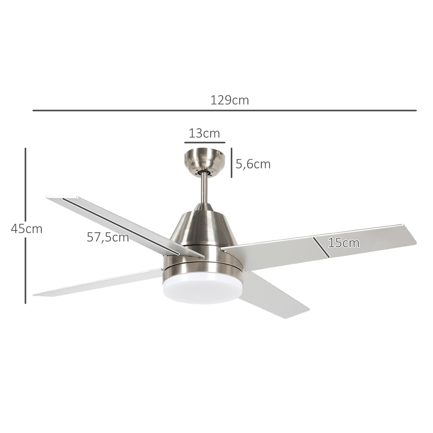 HOMCOM Ventilador de Techo con Luz 46W Ø129 cm Motor DC Ventilador de Techo Silencioso con 4 Aspas Reversibles Mando a Distancia 6 Velocidades y Temporizador para Dormitorio Salón Plata