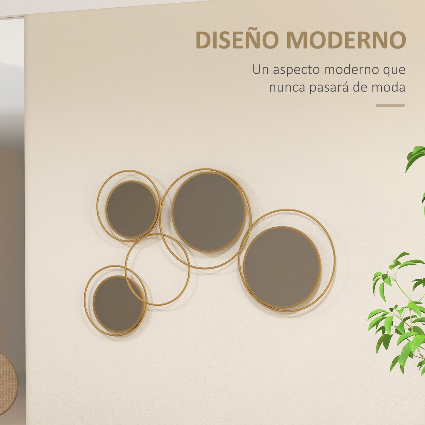 HOMCOM Espejo Decorativo de Pared de Metal 3D Adorno de Pared Metálico con 4 Espejos Redondos para Salón Dormitorio Pasillo 110x68 cm Dorado