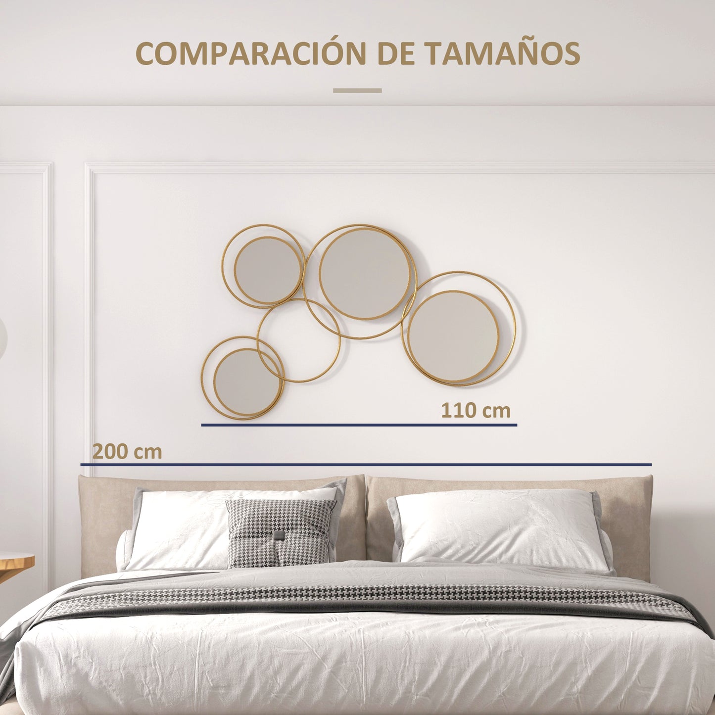 HOMCOM Espejo Decorativo de Pared de Metal 3D Adorno de Pared Metálico con 4 Espejos Redondos para Salón Dormitorio Pasillo 110x68 cm Dorado