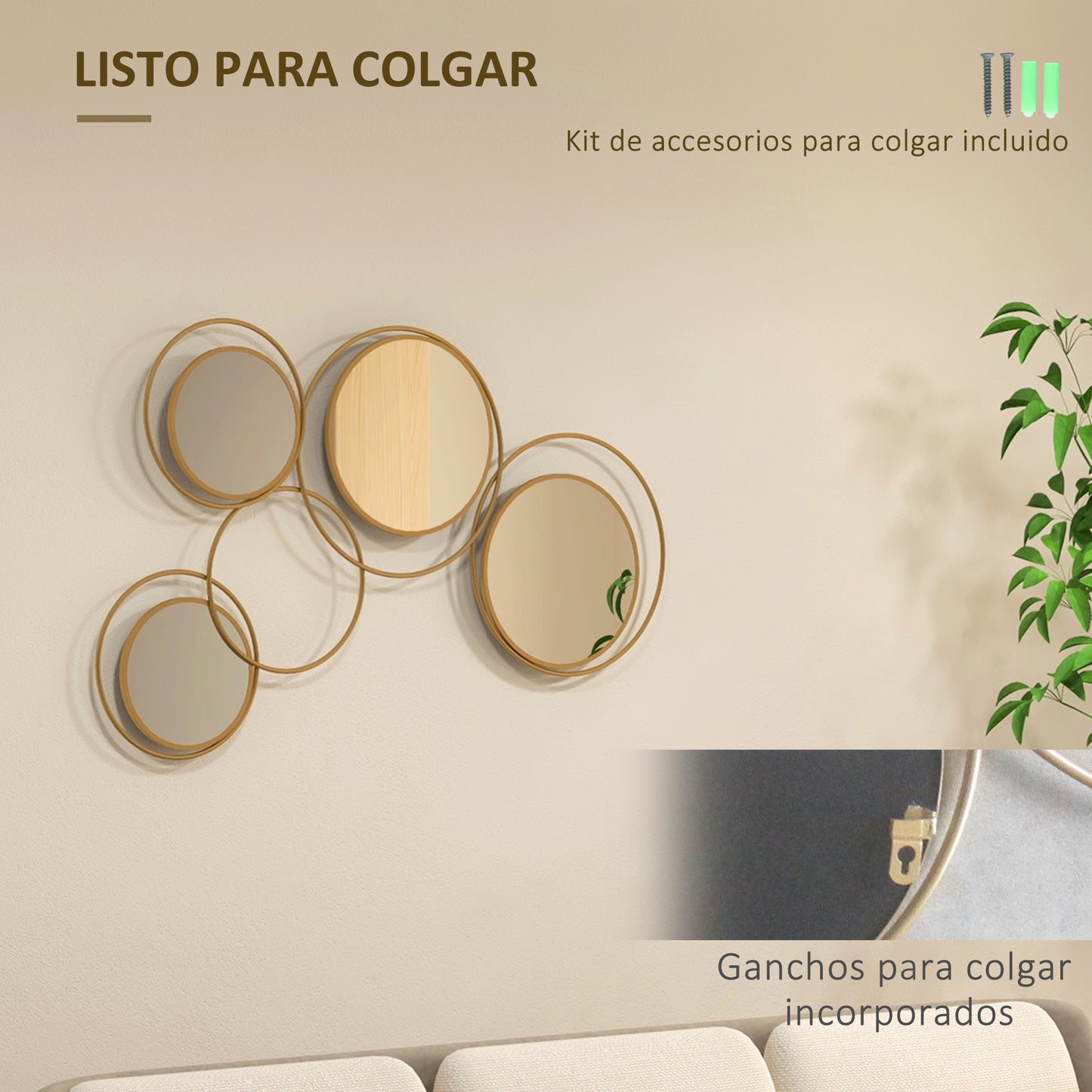 HOMCOM Espejo Decorativo de Pared de Metal 3D Adorno de Pared Metálico con 4 Espejos Redondos para Salón Dormitorio Pasillo 110x68 cm Dorado