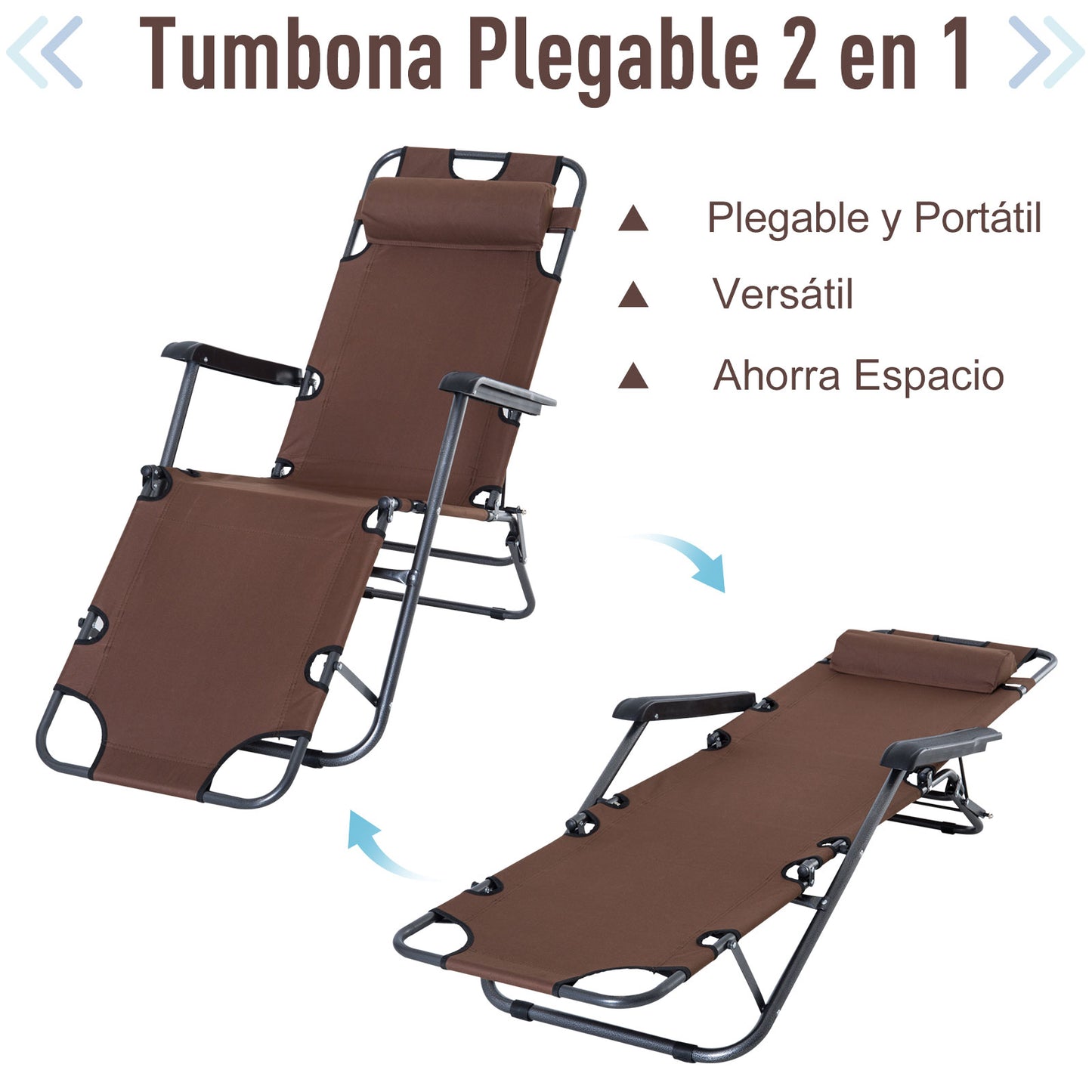 Outsunny Tumbona Reclinable y Plegable Silla de Playa Tumbona Relax Plegable con Respaldo Ajustable Reposabrazos Almohada y Reposapiés para Jardín Balcón Carga 136 kg 135x60x89 cm Marrón