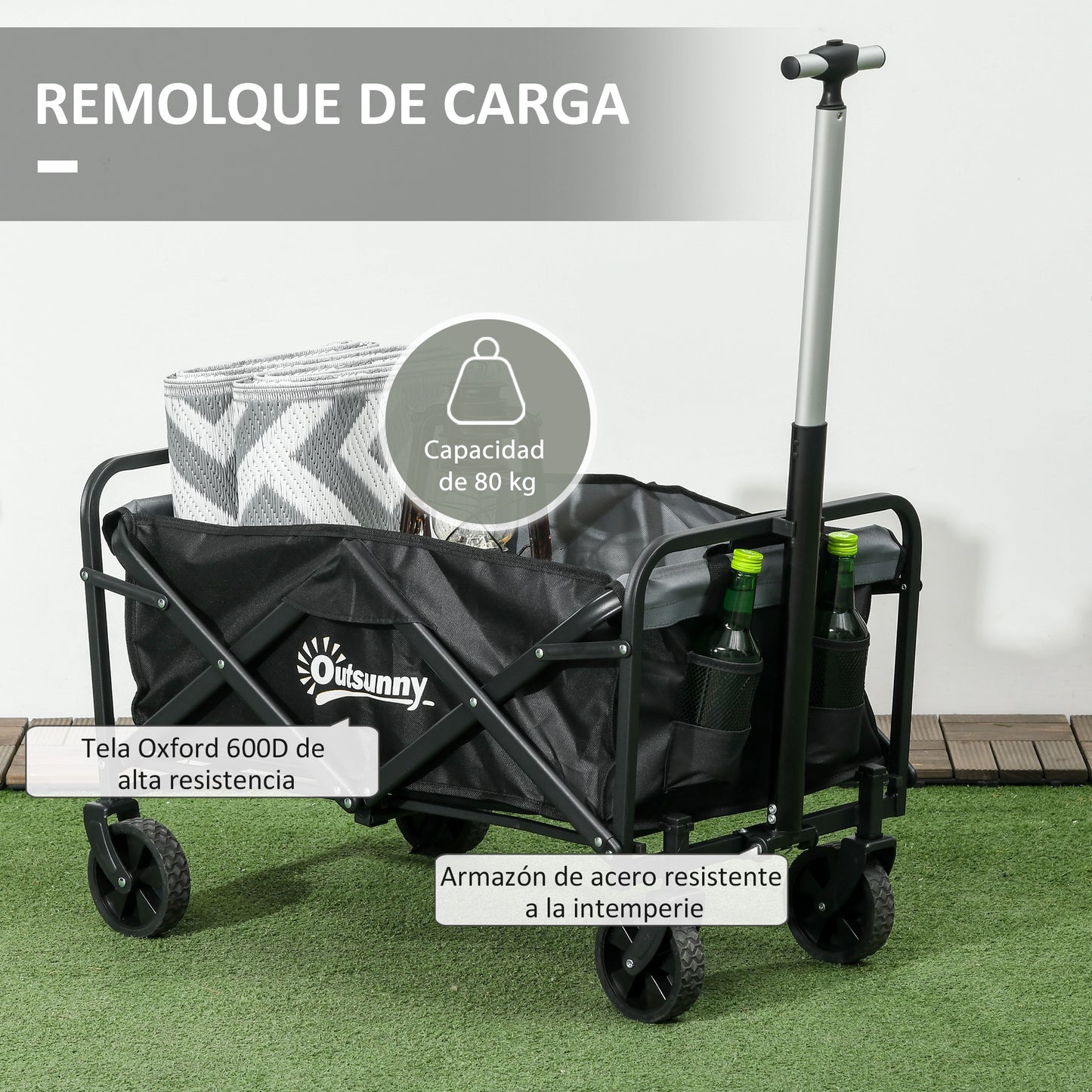 Outsunny Carro de Jardín Carro Plegable con 4 Ruedas Longitud y Ángulo del Mango Ajustables Capacidad 70 L Carga 80 kg para Playa Campaña Negro