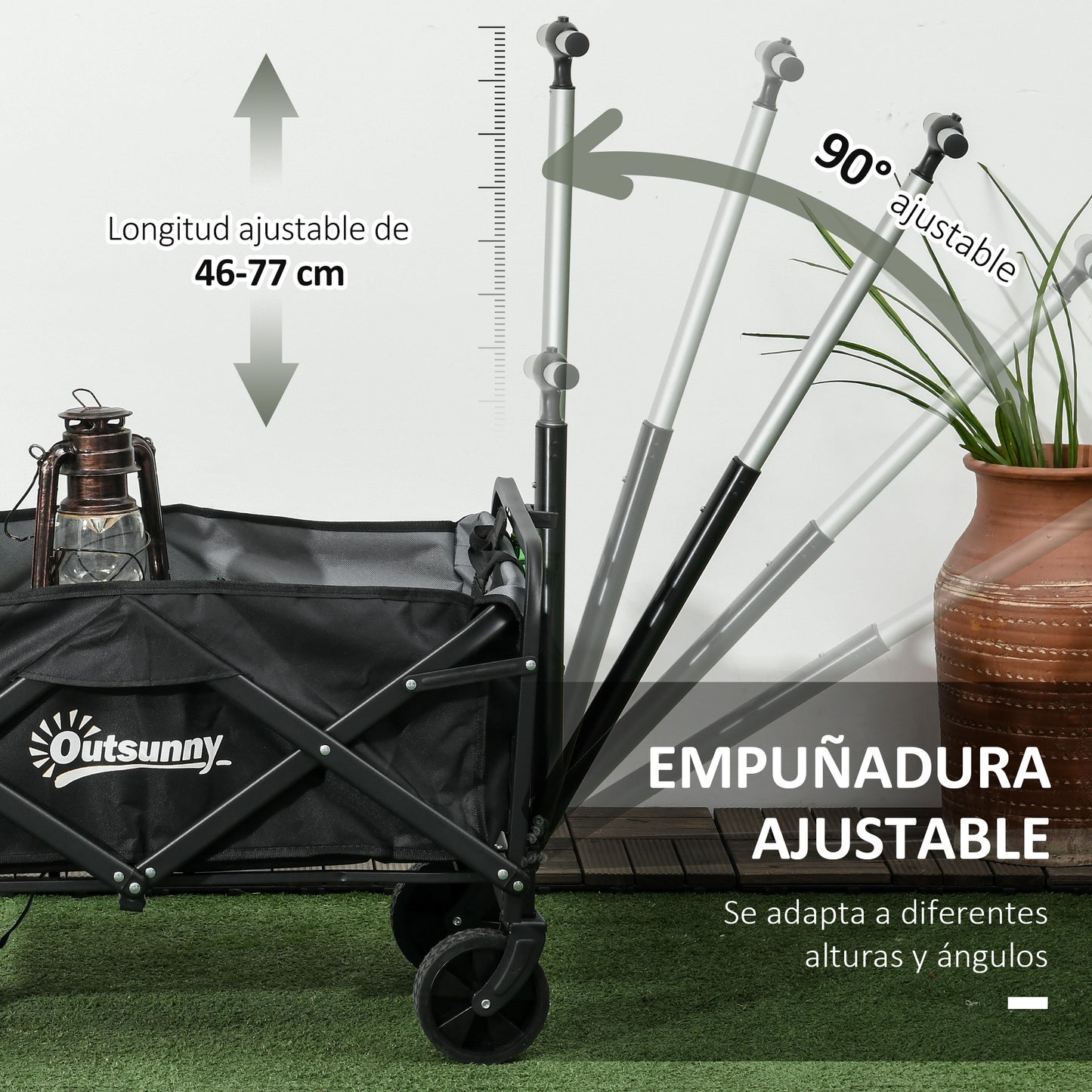 Outsunny Carro de Jardín Carro Plegable con 4 Ruedas Longitud y Ángulo del Mango Ajustables Capacidad 70 L Carga 80 kg para Playa Campaña Negro