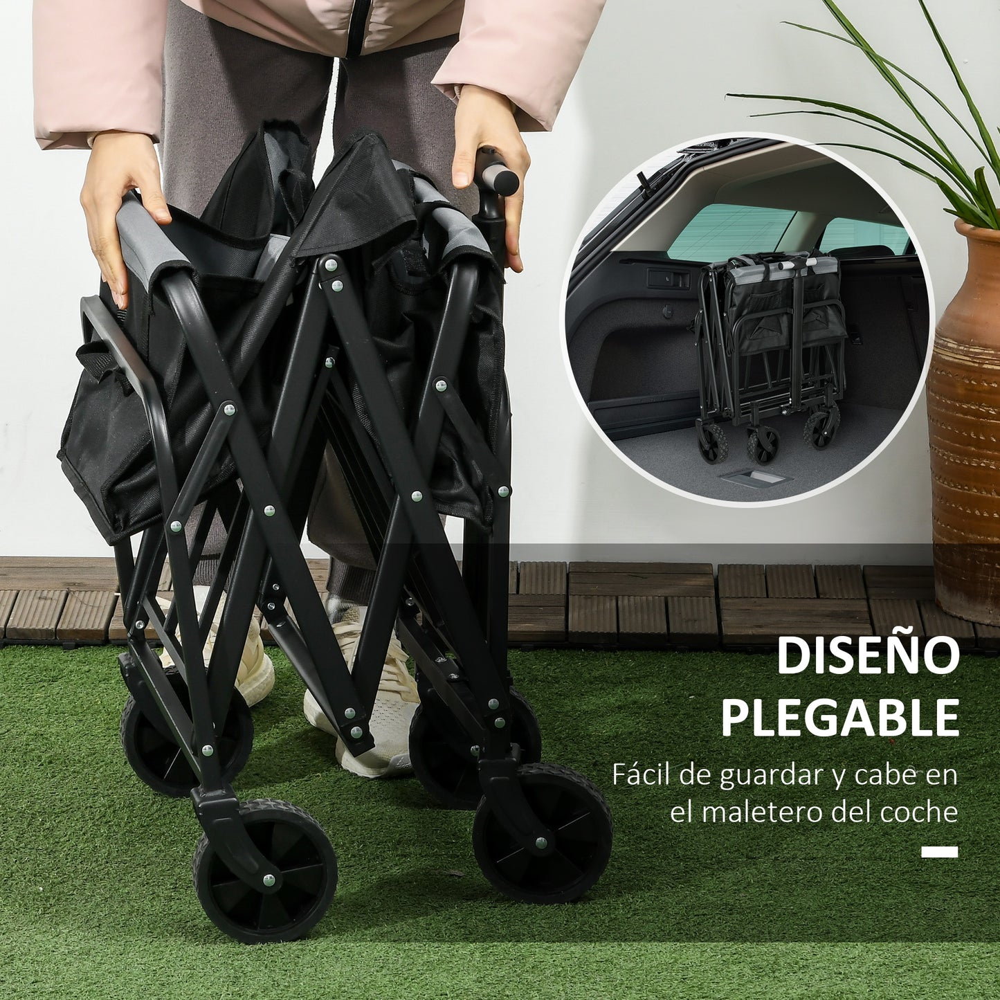 Outsunny Carro de Jardín Carro Plegable con 4 Ruedas Longitud y Ángulo del Mango Ajustables Capacidad 70 L Carga 80 kg para Playa Campaña Negro