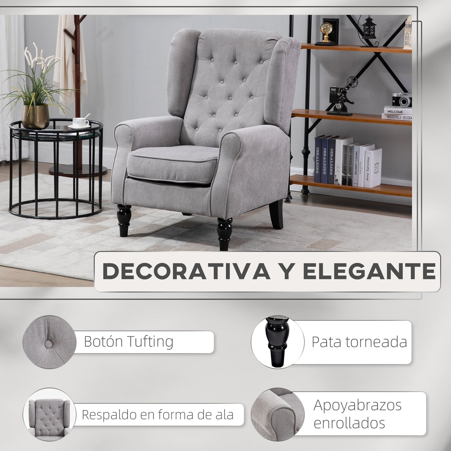 HOMCOM Sillón de Salón Moderno Butaca para Dormitorio con Reposacabezas y Patas de Madera Sofá Individual Carga 160 kg para Oficina Sala de Estar Gris