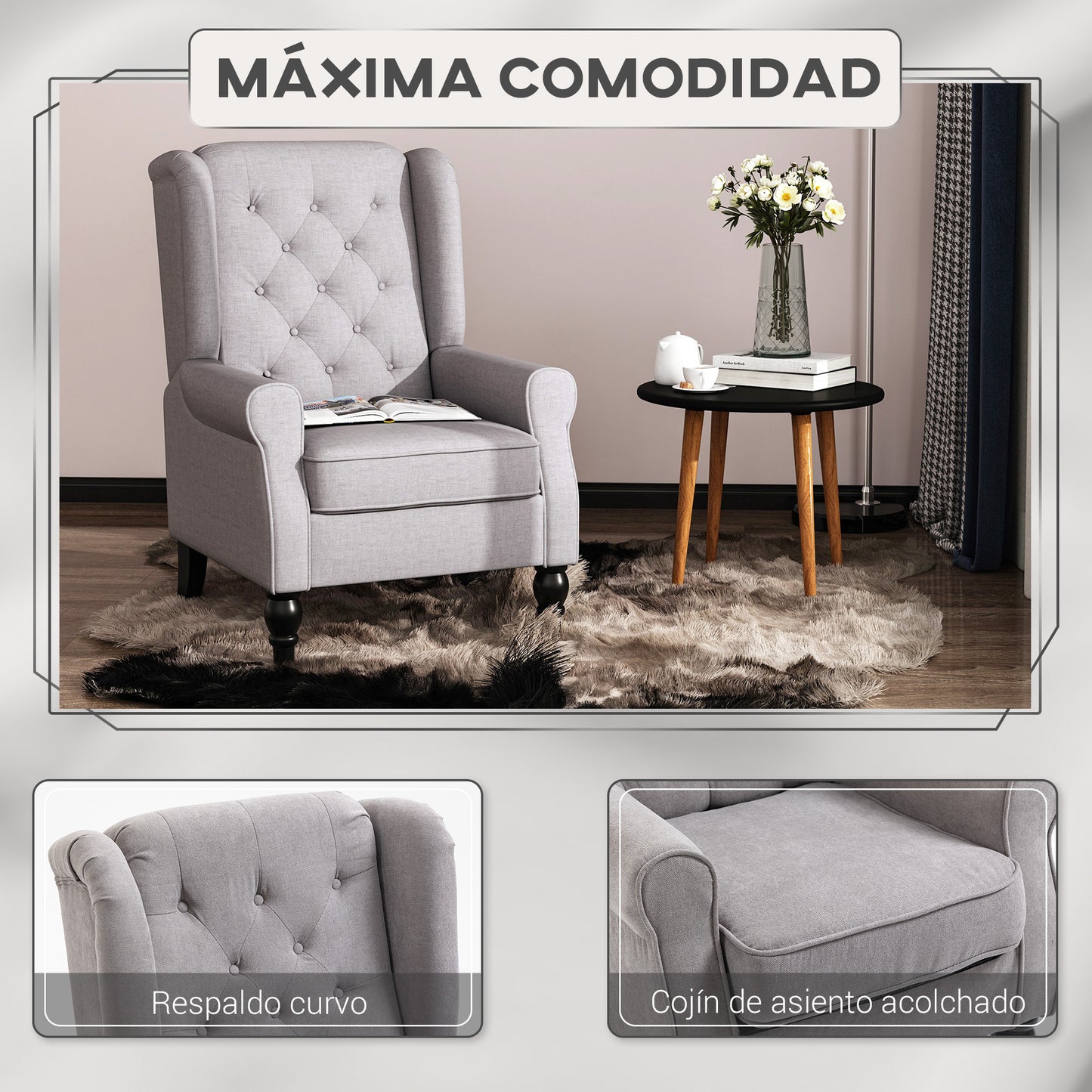 HOMCOM Sillón de Salón Moderno Butaca para Dormitorio con Reposacabezas y Patas de Madera Sofá Individual Carga 160 kg para Oficina Sala de Estar Gris