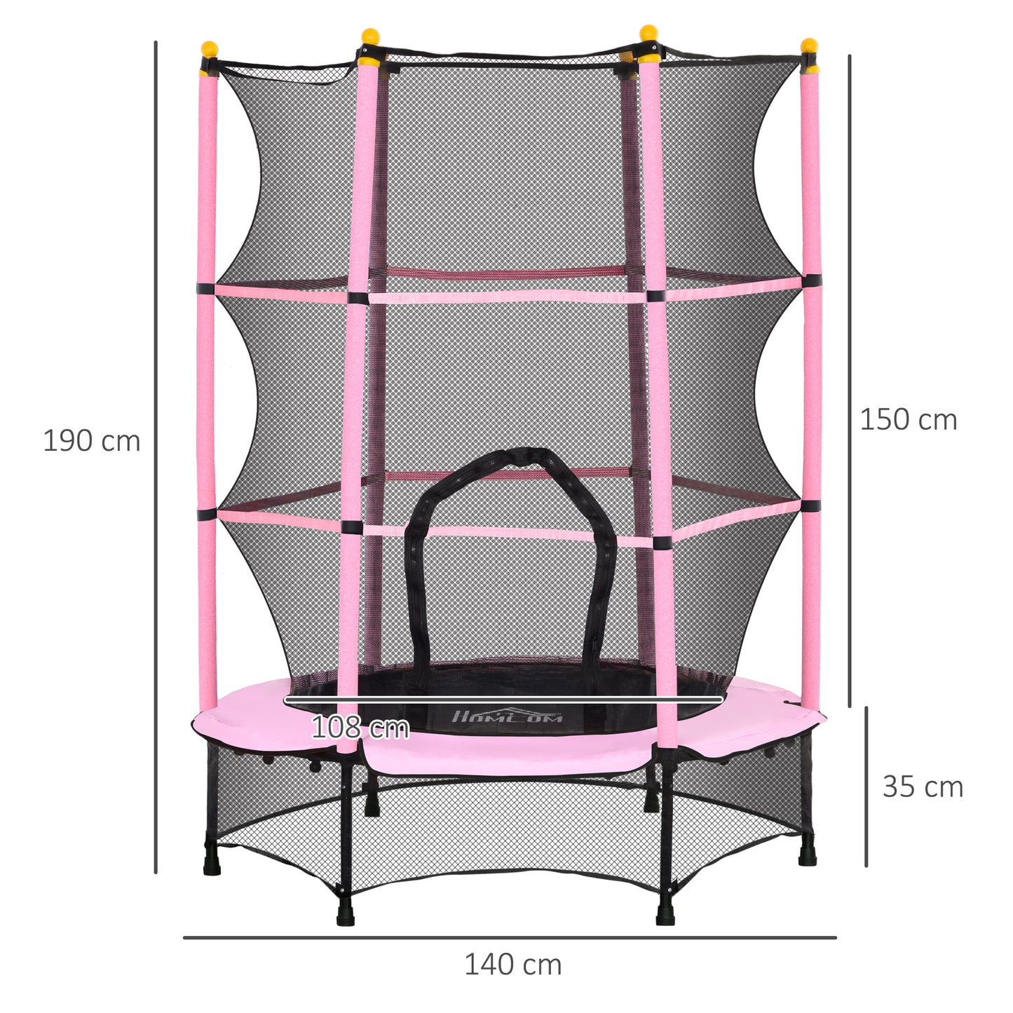 HOMCOM Cama Elástica Infantil Ø140x190 cm Trampolín para Niños de +3 Años con Red de Seguridad y Marco de Acero para Interior y Exterior Rosa y Negro