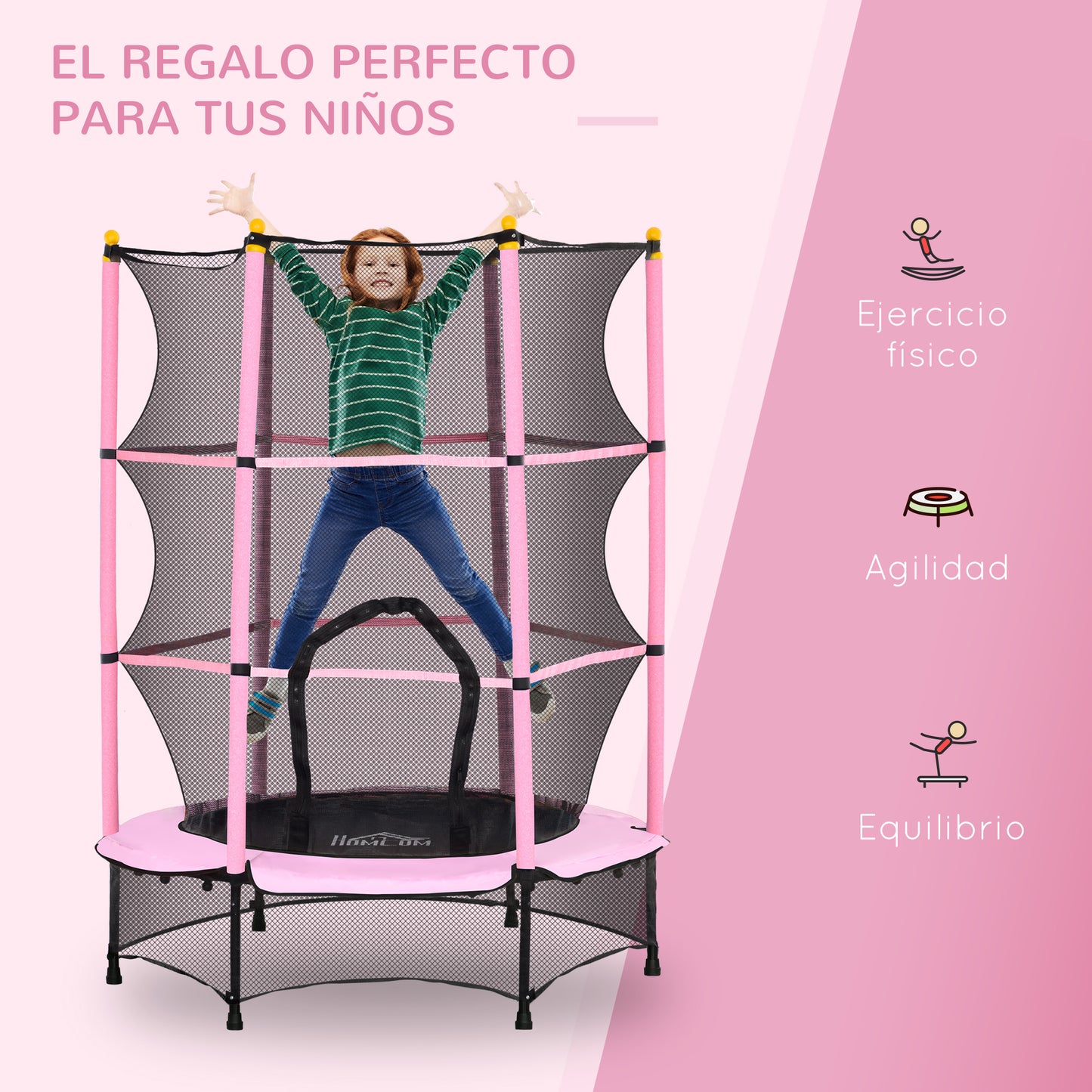 HOMCOM Cama Elástica Infantil Ø140x190 cm Trampolín para Niños de +3 Años con Red de Seguridad y Marco de Acero para Interior y Exterior Rosa y Negro