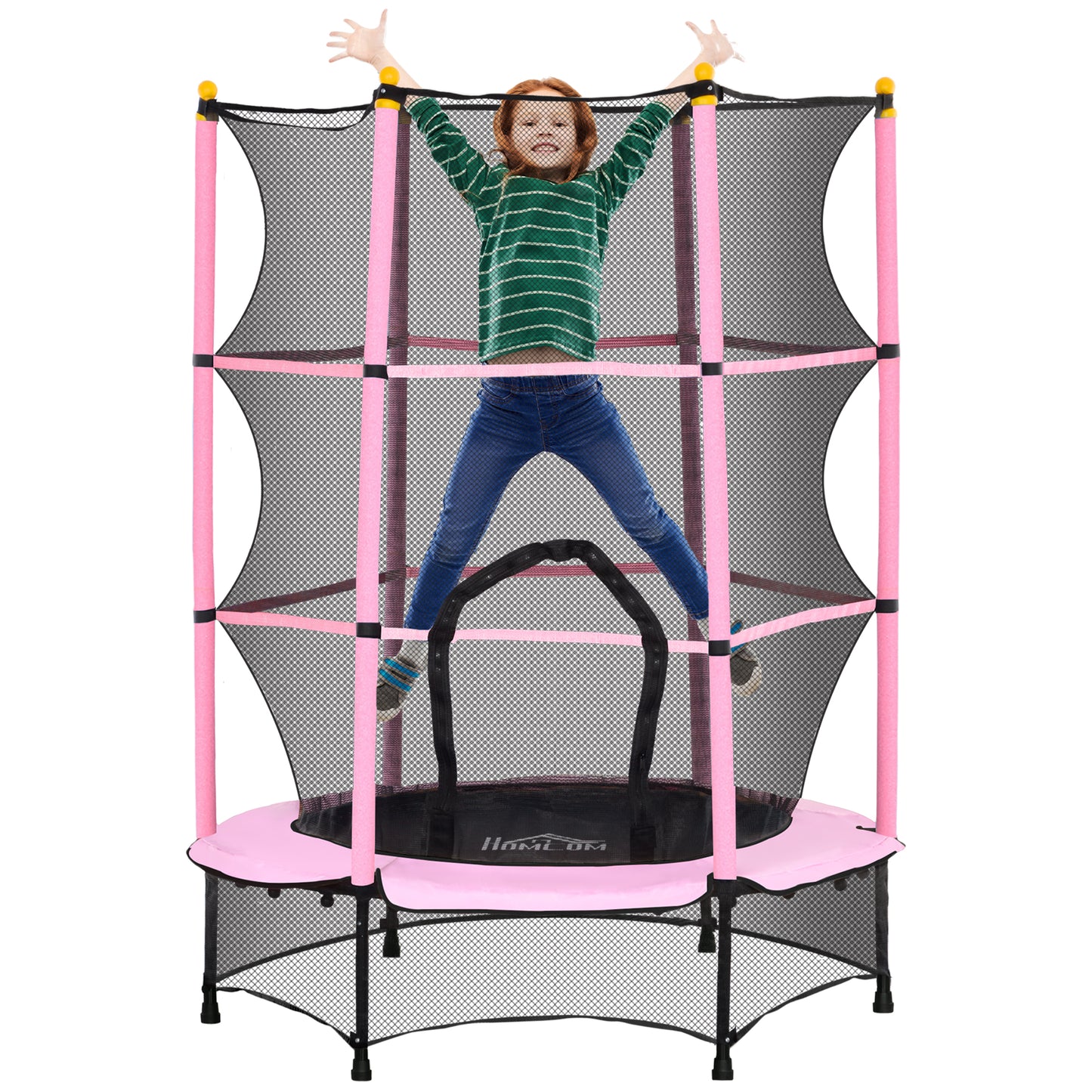 HOMCOM Cama Elástica Infantil Ø140x190 cm Trampolín para Niños de +3 Años con Red de Seguridad y Marco de Acero para Interior y Exterior Rosa y Negro