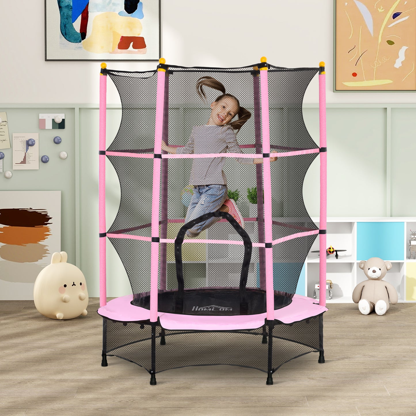 HOMCOM Cama Elástica Infantil Ø140x190 cm Trampolín para Niños de +3 Años con Red de Seguridad y Marco de Acero para Interior y Exterior Rosa y Negro