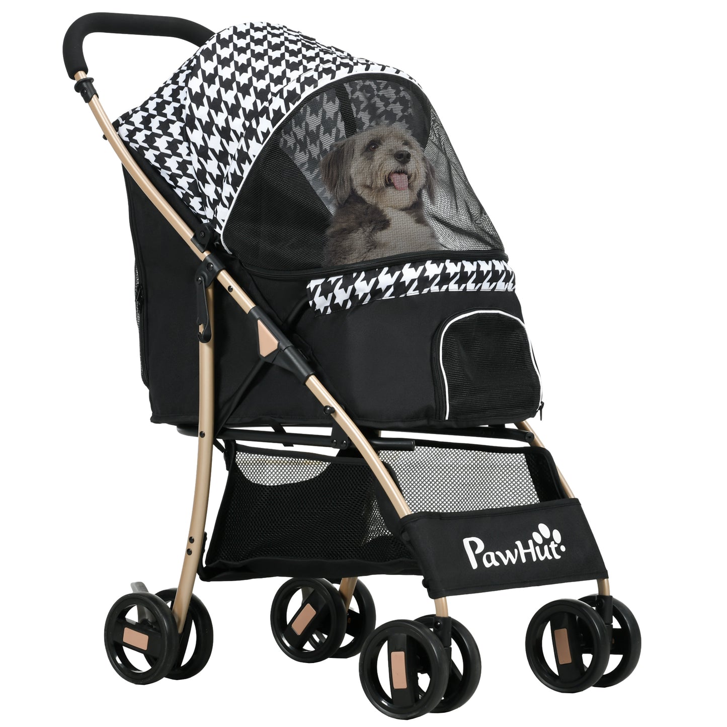 PawHut Cochecito para Perros Plegable Carrito para Mascotas con 2 Puertas Ventana de Malla Cesta de Almacenamiento Cuerda de Seguridad y Cojín 80x44,5x97 cm Negro