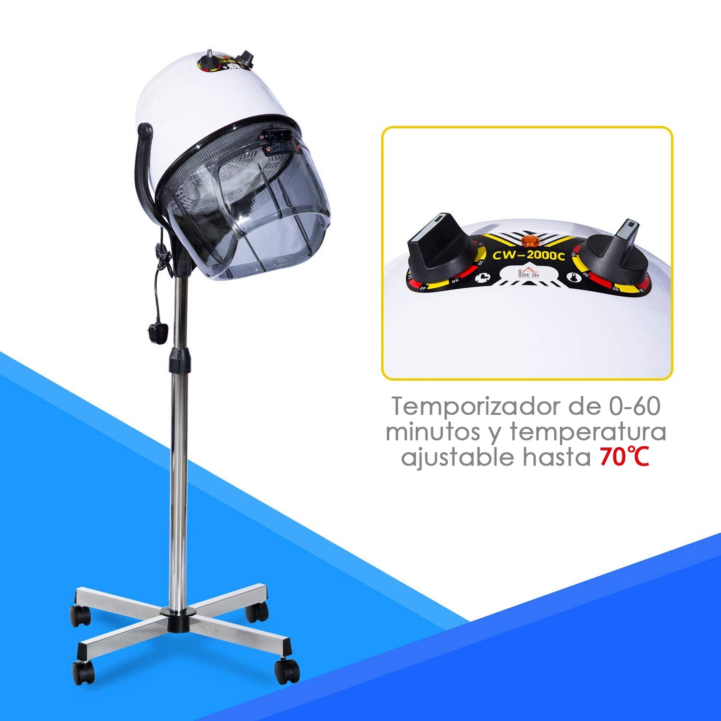 HOMCOM Secador de Pelo Profesional 1180W Secador de Casco con Altura Ajustable Temperatura Regulable Temporizador Capucha y Ruedas Climazon Peluquería para Cuidado del Cabello Blanco