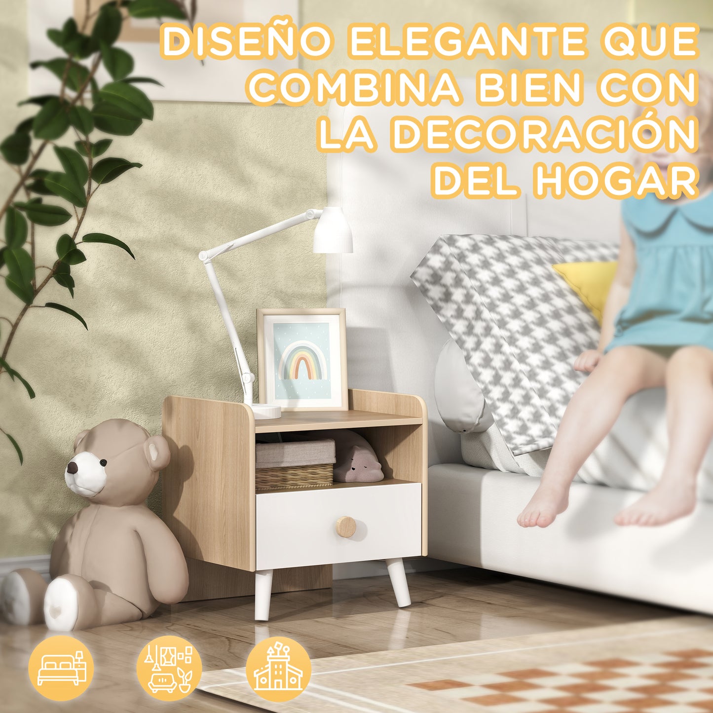 AIYAPLAY Mesita de Noche Infantil de Madera Mesita de Noche para Niños de +3 Años con Cajón y Bordes Redondeados para Dormitorio Roble y Blanco