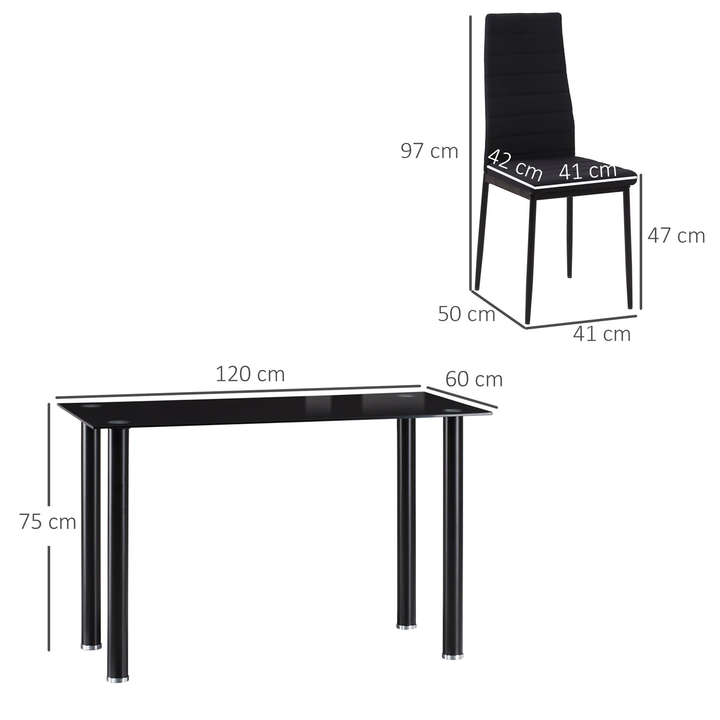 HOMCOM Conjunto de Comedor 5 Piezas Juego de 1 Mesa con Tablero de Vidrio Templado y 4 Sillas Tapizadas en Lino Estilo Moderno para Cocina 120x60x75 cm 41x50x97 cm Negro