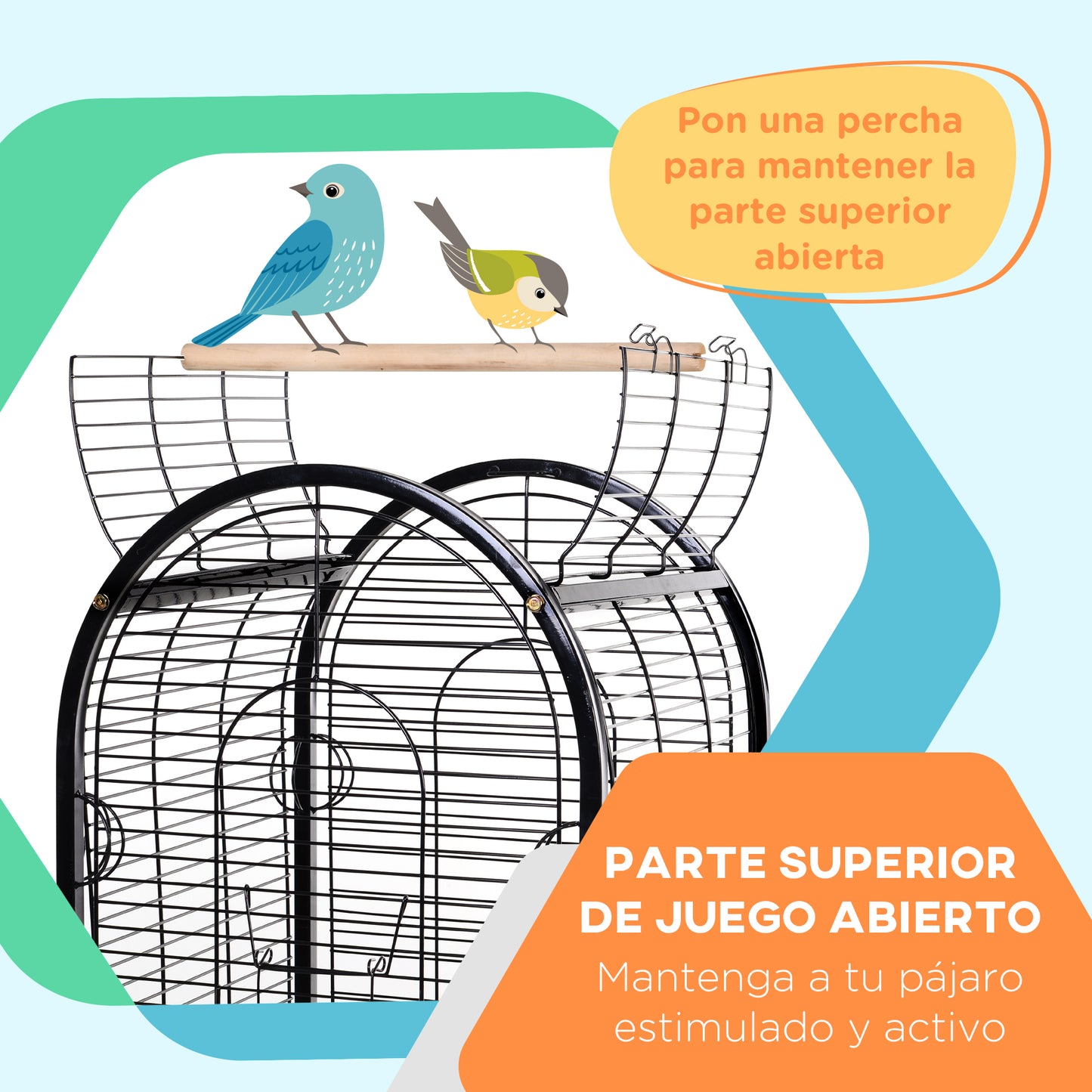 PawHut Jaula para Pájaro Metálica con 3 Perchas de Madera Extraíbles Espaciosa para Loros Canarios Cotorra Papagayo con 4 Ruedas 54x54x151 cm Negro