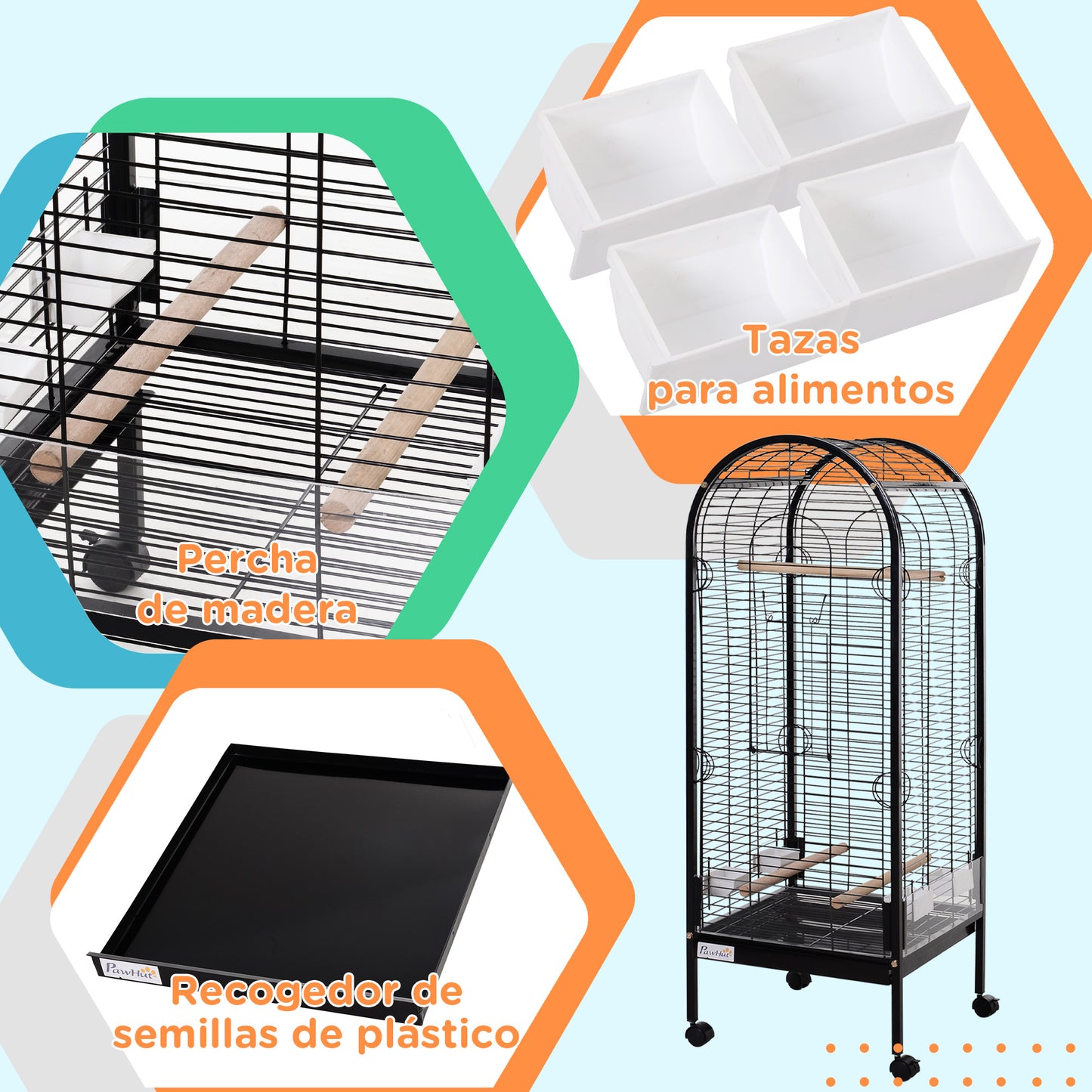 PawHut Jaula para Pájaro Metálica con 3 Perchas de Madera Extraíbles Espaciosa para Loros Canarios Cotorra Papagayo con 4 Ruedas 54x54x151 cm Negro