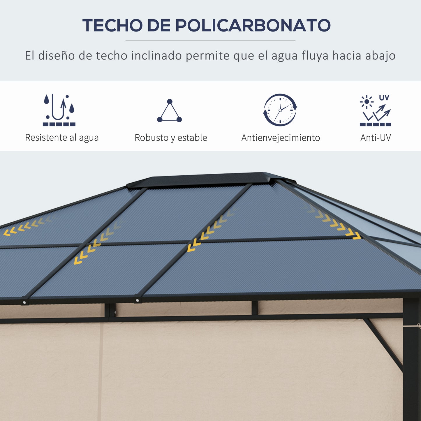 Outsunny Cenador de Jardín 3,65x3 m Pabellón de Acero con Techo de Policarbonato de 6 mm Protección UV 50+ y 4 Cortinas Laterales de Cremallera Gazebo para Fiestas Beige