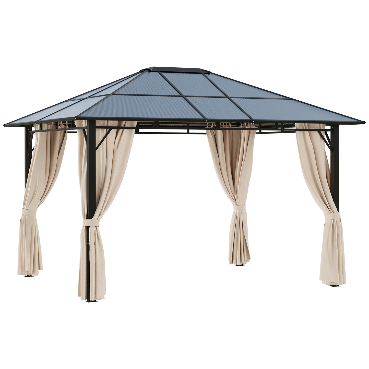 Outsunny Cenador de Jardín 3,65x3 m Pabellón de Acero con Techo de Policarbonato de 6 mm Protección UV 50+ y 4 Cortinas Laterales de Cremallera Gazebo para Fiestas Beige