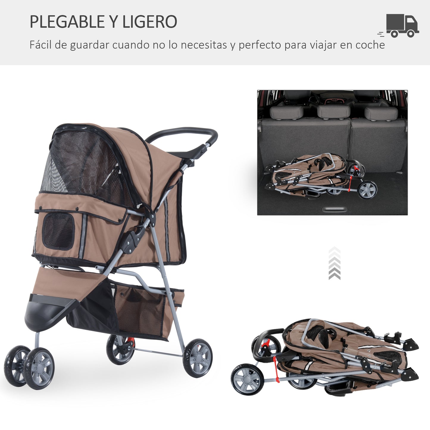 PawHut Carrito para Perros Plegable Cochecito para Mascotas Carrito para Perros Pequeños con Cesta de Almacenaje Ventanas de Malla y 2 Ruedas Universales 75x45x97 cm Café